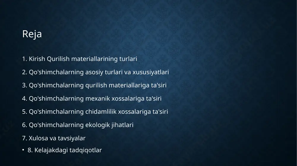 'llanilish usullari mavjud. qo'shimchalarni to'g'ri tanlash va ulardan foydalanish materiallarning sifati va xossalarini yaxshilashga yordam beradi. buning natijasida inshootlarning mustahkamligi va uzoq muddatli ishlashini ta'minlash mumkin. qo'shimchalarni qo'llashdan oldin ularning xususiyatlarini diqqat bilan o'rganib chiqish lozim. qo'shimchalarning asosiy turlari betonning mustahkamligi qurilish materiallari sifatida juda muhim hisoblanadi. qo'shimchalar betonning mustahkamligini sezilarli darajada oshirishi mumkin. masalan, mineral qo'shimchalar betonning siqilish va tortish kuchiga qarshilik ko'rsatishini yaxshilaydi. kimyoviy qo'shimchalar esa betonning gidrolizga va korroziyaga chidamliligini oshiradi. qo'shimchalarning betonning mustahkamligiga ta'siri ularning turi va miqdoriga bog'liq. qo'shimchalarni to'g'ri tanlash va ulardan maqsadli foydalanish betonning sifatini va mustahkamligini sezilarli darajada yaxshilash imkonini beradi. bundan tashqari, qo'shimchalar betonning ishlash muddatini uzaytiradi va uning yemirilishiga to'sqinlik qiladi. betonning mustahkamligi inshootning umumiy mustahkamligi va xavfsizligini belgilaydi. shuning uchun qo'shimchalarni qo'llashda ehtiyotkorlik va aniqlikni ta'minlash kerak. qo'shimchalarning betonning mustahkamligiga ta'siri betonning suv o'tkazmaydiganligi ko'plab qurilish inshootlari uchun muhim omil hisoblanadi. ayniqsa, suv havzalari, suv o'tkazgichlar va boshqa suv …