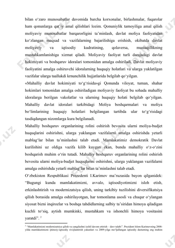 n davr mobaynida yuz beradi. mahalliy budjet obyektiv iqtisodiy kategoriya bo‘lib, ikki tomonlama xususiyatga ega. birinchidan, u iqtisodiyot tarmoqlarini moliyaviy ta’minlashga qaratilgan xarajatlardan iborat. ikkinchidan, esa bu xarajatlar korxonalarning daromadidan tashkil topadi. rivojlangan mamlakatlarda mahalliy budjet mustaqil ravishda mahalliy soliqlar va yig‘imlar hisobiga shakllantiriladi. bizning respublikamizda ham mahalliy budjet daromadlarini mahalliy soliqlar va yig‘imlar tashkil etadi. mahalliy budjetlar umumdavlat iqtisodiy va ijtimoiy vazifalarini amalga oshirishda, birinchi navbatda, ijtimoiy infrastrukturani saqlash va rivojlantirishga davlat mablag‘larini taqsimlashda alohida ahamiyatga ega. mamlakat budjetining tuzilishi birinchi navbatda davlat tuzilishiga bog‘liq bo‘ladi. unitar tuzilishga ega bo‘lgan mamlakatlarda budjet tizimi ikki bosqichdan, davlat budjeta va mahalliy budjetlardan iborat. federal tuzilishga ega bo‘lgan mamlakatlarda budjet tizimi uch bugindan iborat. mahalliy budjetlar davlatning moliya tizimini asosiy tarkibiy kismini tashkil etadi. mahalliy budjetlar xarajatlarida asosiy o‘rinni ijtimoiy-madaniy tadbirlar xarajatlari egallaydi. hammamizga ma’lumki, aholini ijtimoiy himoyalash masalasining ustuvorligi o‘zbekiston respublikasida aholini ijtimoiy jihatdan himoya qilish bozor iqtisodiyotiga o‘tish dasturining eng …