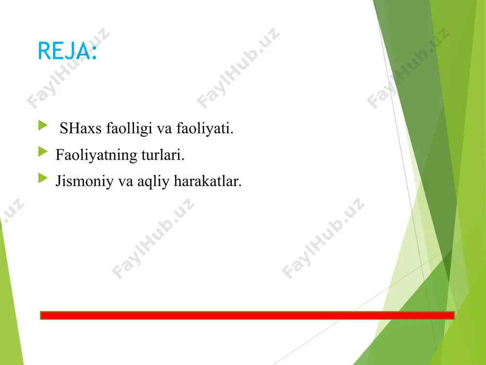 muddati, nochorlik tufayli ayriliq kabi yashirin motivlar ta’siri), ko’rib idrok qilgandagi o’zaro bir-birlariga intilishni ta’minlovchi ichki, bir qarashda ko’z bilan ilgab bo’lmaydigan emotsional holatlarda namoyon bo’ladi. inson faolligi «harakat», «faoliyat», «xulq» tushunchalari bilan chambarchas bog’liq bo’lib, shaxs va uning ongi masalasiga borib taqaladi. shaxs aynan turli faolliklar jarayonida shakllanadi, o’zligini namoyon qiladi ham. demak, faollik yoki inson faoliyati passiv jarayon bo’lmay, u ongli ravishda boshqariladigan faol jarayondir. inson faolligini mujassamlashtiruvchi harakatlar jarayoni faoliyat deb yuritiladi. ya’ni, faoliyat - inson ongi va tafakkuri bilan boshqariladigan, undagi turli-tuman ehtiyojlardan kelib chiqadigan, hamda tashqi olamni va o’z-o’zini o’zgartirish va takomillashtirishga qaratilgan o’ziga xos faollik shaklidir. bu - yosh bolaning real predmetlar mohiyatini o’z tasavvurlari doirasida bilishga qaratilgan o’yin faoliyati, bu - moddiy ne’matlar yaratishga qaratilgan mehnat faoliyati, bu - yangi kashfiyotlar ochishga qaratilgan ilmiy - tadqiqotchilik faoliyati, bu - rekordlarni ko’paytirishga qaratilgan sportchining mahorati va shunga o’xshash. shunisi xarakterliki, inson har daqiqada qandaydir …