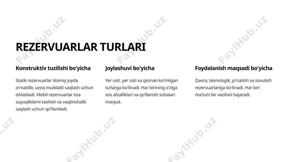 arida issiqlik izolyatsiyasi va isitish tizimlari bilan jihozlanadi. 4 gorizontal silindrsimon rezervuarlar 1 qo'llanilish sohalari o'rta va kichik hajmdagi mahsulotlarni saqlash uchun ishlatiladi. yoqilg'i quyish shoxobchalari, texnologik liniyalar va vaqtinchalik saqlash tizimlarida keng qo'llaniladi. 2 joylashuvi yer ustida yoki yer ostida joylashtirilishi mumkin. yer ostida joylashgan gorizontal rezervuarlar portlash va yong'in xavfini kamaytiradi, shuningdek, haroratning keskin o'zgarishlaridan himoya qiladi. 3 xususiyatlari asosan o'rta bosimli mahsulotlarni saqlash uchun ishlatiladi. iqlimiy sharoitlarga moslashish uchun devorlari issiqlik izolyatsiyasi bilan qoplanadi. 5 sferik (sharsimon) rezervuarlar maqsadi yuqori bosimli gazsimon yoki suyultirilgan neft mahsulotlarini saqlash uchun ishlatiladi. 1 afzalliklari sharsimon shakli ichki bosimni teng taqsimlaydi va rezervuar devorlariga yuklamani kamaytiradi. 2 qo'llanilishi suyultirilgan gazlar, gaz kondensatlari va kriogen suyuqliklarni saqlash uchun ishlatiladi. 3 xavfsizlik ekologik xavfsizlikni ta'minlash uchun maxsus gaz chiqarish tizimlari va bosim regulyatorlari bilan jihozlanadi. 4 6 yer osti rezervuarlari joylashuvi xavfsizlik va ekologik talablarni ta'minlash uchun tuproq ostida joylashtiriladi. afzalliklari portlash va …