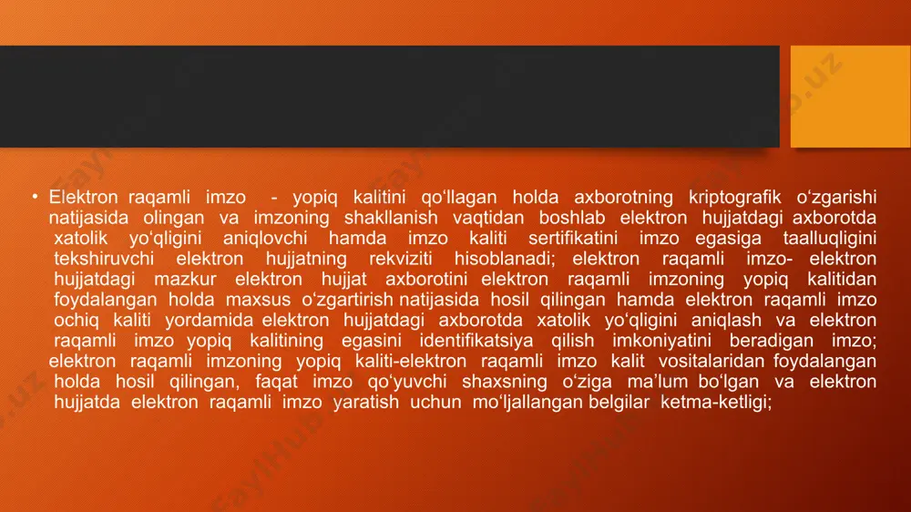 jaatni yuborishning so ngi ʻ qadamida «imzo chekish» tugmasiga bosing. 1. «imzo chekish» tugmasi bosilganida dialogli oyna ochiladi, bunda tegishli eri tanlanishi lozim. imzolash muvaffaqiyatli yakunlangan taqdirda ekranda «shakl muvaffaqiyatli imzolandi» oynasi paydo bo’ladi. keyin «yuborish» tugmasini bosing. elektron imzo nima? elektron imzo olish mumkin bo'lgan narsa emas, balki elektron raqamli imzoga egasiga egalik huquqini tasdiqlash, shuningdek imzolangan vaqtdan boshlab elektron hujjatda ma'lumot / ma'lumotlarning holatini (o'zgartirishlar mavjudligi yoki yo'qligi) qayd etish imkonini beradigan hujjat tafsilotlari. imkoniyatlar elektron imzo eri jismoniy shaxslarga internet orqali davlat, ta'lim, tibbiy va boshqa axborot tizimlari bilan masofaviy aloqani ta'minlaydi. yuridik shaxslar uchun elektron imzo elektron kim oshdi savdolarida qatnashishga ruxsat beradi, yuridik ahamiyatga ega bo'lgan elektron hujjat aylanishini (edf) va tartibga soluvchi organlarga elektron hisobotlarni topshirishni tashkil qiladi. eri foydalanuvchilari uchun taqdim etayotgan imkoniyatlar uni oddiy fuqarolar va kompaniya vakillarining kundalik hayotining muhim qismiga aylantirdi. elektron imzo vositasi, ya'ni kriptografik algoritmlar va funktsiyalar to'plamini …