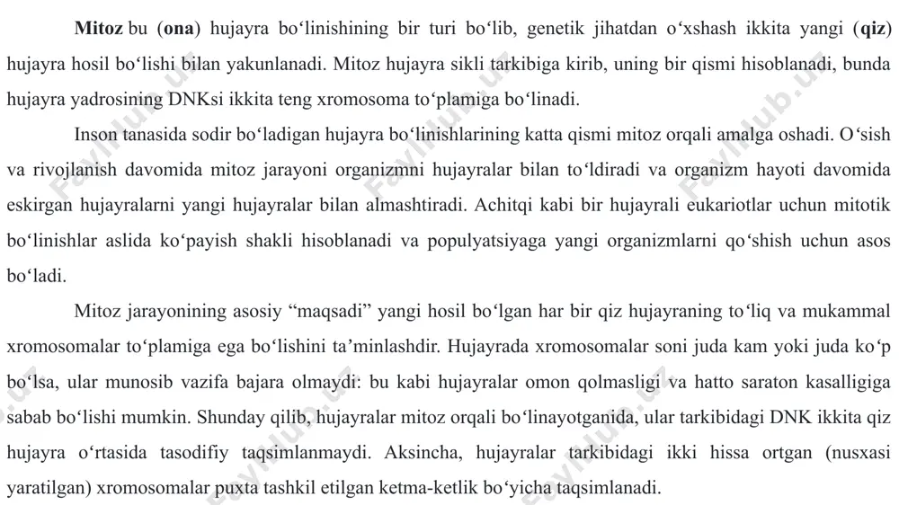 hosil boʻladi. krossingoverdan soʻng boʻlinish urchugʻi xromosomalarni hujayra markazi (metafaza plastinkasi)ga yigʻa boshlaydi. bir qarashda mitozga oʻxshaydi, lekin bu yerda xromosomalar juft-juft boʻlib joylashadi. har bir xromosoma urchuqning bir qutbidagi mikronaychalarga, gomolog xromosomalar esa qarama-qarshi qutbidagi mikronaychalarga yopishadi. shunday qilib, metafaza i davomida, oʻxshash boʻlmagan xromosomalar ajralish uchun metafaza plastinkasiga yigʻiladi. anafaza i da gomologik xromosomalar hujayraning qarama-qarshi qutblariga tortiladi. har bir xromosomadagi qiz xromatidalar birlashgancha qoladi va tarqalmaydi. telofaza i da xromosomalar hujayraning qarama-qarshi qutblariga tortiladi. baʼzi hujayralarda yadro qobigʻi qayta tiklanadi va dnk dekondensatsiyalanadi, boshqa turlarida esa bu bosqich oʻtkazib yuboriladi, chunki shu zahoti meyoz ii boshlanib ketadi. sitokinez ham telofaza i da sodir boʻladi. ikkita gaploid qiz hujayra shakllanadi. meyoz ii hujayralar dnk nusxasini olmasdan meyoz i dan meyoz ii ga oʻtadi. meyoz ii meyoz i ga qaraganda qisqaroq va sodda jarayon boʻlib, uni “gaploid hujayralar uchun mitoz” deb nomlash mumkin. meyoz ii ga meyoz i dan …