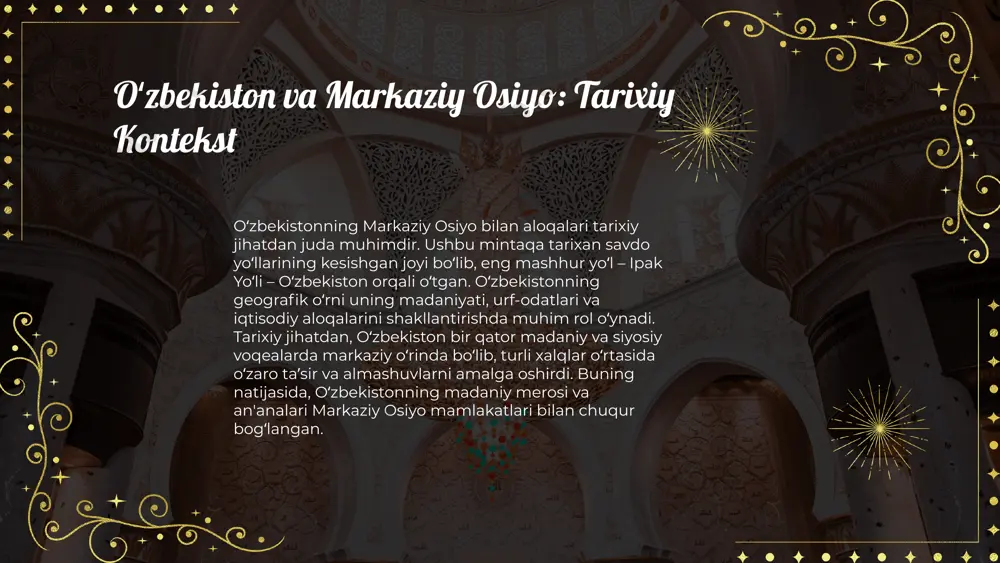 erosini namoyish etishda davom etmoqda. har yili o‘tkaziladigan xalqaro festivallar va ko‘rgazmalar, mintaqadagi davlatlar o‘rtasida madaniyatni yanada yaqinlashtirishga xizmat qilmoqda. masalan, 2023-yilda o‘tgan musiqa festivali, oʻzbekiston va qo‘shni davlatlar madaniyatlari o‘rtasida o‘zaro tushunishni kuchaytirishga yordam berdi. iqtisodiy hamkorlikning ahamiyati markaziy osiyo mamlakatlari o'rtasida iqtisodiy hamkorlik, mintaqa barqarorligini ta'minlash va iqtisodiy taraqqiyotga erishish uchun muhim ahamiyatga ega. o‘zbekistonning iqtisodiy taraqqiyoti, uning resurslari va strategik joylashuvi, mintaqaviy integratsiya jarayonlarida muhim rol o'ynaydi. o‘zbekiston, boshqa markaziy osiyo davlatlari bilan savdo, investitsiya va infratuzilmalarni rivojlantirishda faol ishtirok etmoqda. masalan, o‘zbekiston va qozog‘iston o‘rtasidagi savdo hajmi ortib bormoqda va bu ikki davlat o'rtasida iqtisodiy hamkorlikni mustahkamlashga xizmat qilmoqda. shu bilan birga, o‘zbekistonning mintaqaviy hamkorlikdagi roli, iqtisodiy barqarorlikni ta'minlash, yangi ish o'rinlari yaratish va ijtimoiy-iqtisodiy rivojlanishni rag'batlantirishga yordam beradi. o‘zbekiston va markaziy osiyo mamlakatlari o‘rtasida muhim savdo imkoniyatlari mavjud. 2022-yilda o‘zbekistonning markaziy osiyo mamlakatlari bilan savdo hajmi 2,5 milliard dollarni tashkil etdi. asosiy eksport mahsulotlariga paxta, …