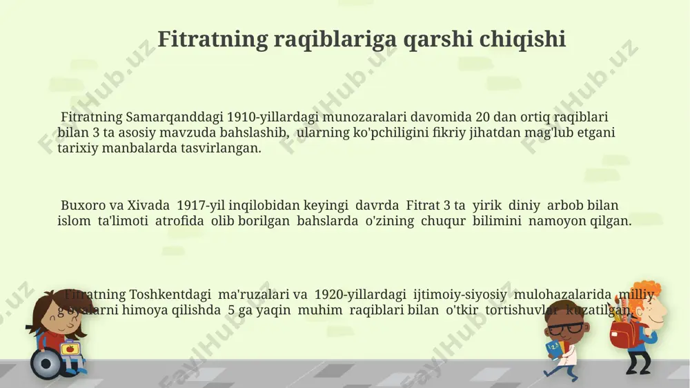 hahrida yozilgan bo'lib, unda 20 ga yaqin mantiqiy masala va ularning yechimlari batafsil bayon etilgan. kitobda bayon etilgan 5 ta asosiy mantiqiy qonun, turkiston hududidagi o'sha davrga oid fikrlash uslublari bilan bog'liq holda tahlil qilingan. fitratning ritorikasi va ishontirish usullari uning samarqanddagi nutqlarida 3 dan ortiq mantiqiy dalillarni birlashtirib, murakkab fikrlarni sodda va tushunarli tarzda ifodalash mahoratini namoyish etadi. fitratning ritorik vositalaridan biri sifatida 1920-yillardagi toshkentda chop etilgan maqolalarida takrorlash va qaytarish usullarining samarali qo‘llanilishi kuzatiladi. fitrat buxoroda o‘zining ishontirish usullarida, raqamli ma’lumotlar va tarixiy misollardan ustun qo‘yib, hissiy ta’sirga ustunlik bergan. fitratning munozara uslubi fitratning munozaralari, 1920-yillar toshkentdagi madaniy muhitda o‘zining keskinligi va 2-3 ta asosiy argumentga tayanishi bilan ajralib turardi, bu esa raqiblarini chayqaltirishga qaratilgan edi. fitratning munozara uslubi, 5-6 kishilik kichik auditoriyadan tortib, yuzlab tinglovchilar ishtirok etgan katta yig‘ilishlargacha, har xil sharoitlarda samarali bo‘lgan. uning samarqanddagi munozaralari, taxminan 10 ga yaqin ma’ruza va bahslarni o‘z ichiga olib, …