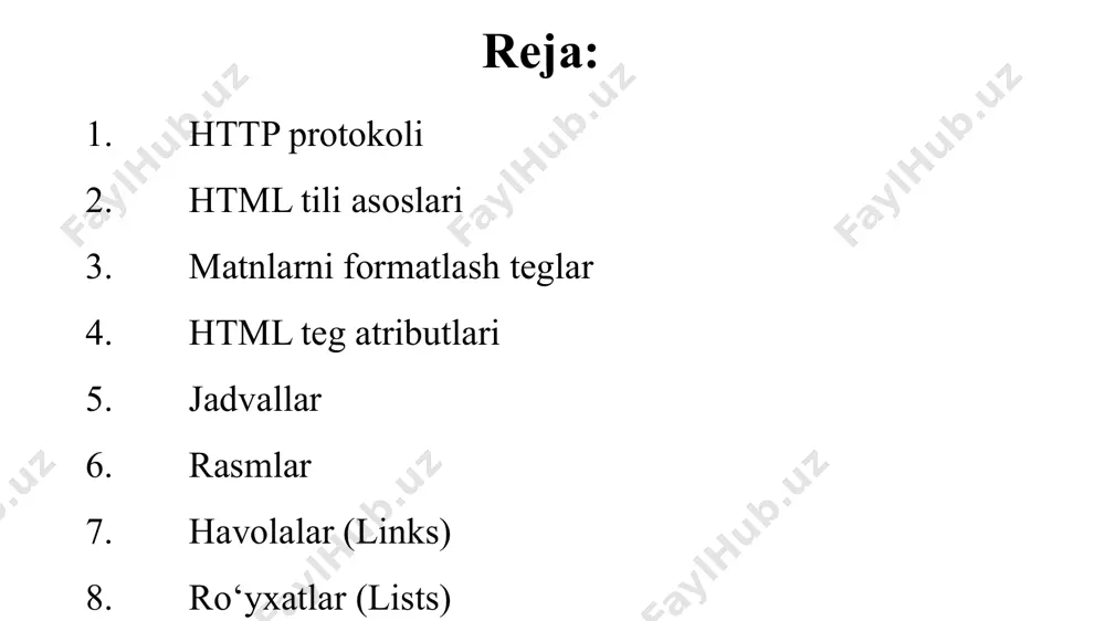 lin shrift) matn! h1 matn h2 matn h3 matn h4 matn h5 matn h6 matn asosiy atributlar: id – elementga noyob identifikator beradi class – elementlarni guruhlash uchun ishlatiladi style – inline css qo‘shish uchun href – havola manzilini ko‘rsatadi src – tasvir yoki fayl manzilini ko‘rsatadi alt – rasm uchun muqobil matn html da jadval yaratish uchun asosiy teglar: – jadval yaratadi – satr qo‘shadi – ustun (katakcha) yaratadi – sarlavha kataklari ism yosh ali 25 vali 30 html da rasm joylashtirish uchun tegi ishlatiladi. muhim atributlar: src – rasm manzili alt – muqobil matn width, height – o‘lchamlar havola yaratish uchun tegi ishlatiladi. googlega o‘tish target="_blank" – yangi oynada ochish target="_self" – o‘sha oynada ochish html uch turdagi ro‘yxatlarni qo‘llab-quvvatlaydi: tartiblangan ro‘yxat ( – ordered list) tartiblanmagan ro‘yxat ( – unordered list) ta’rif ro‘yxati ( – description list) birinchi element ikkinchi element uchinchi element olma banan gilos html …