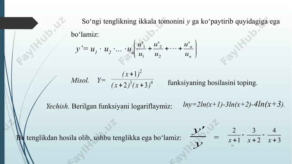 logarifmik hosila. daraja koʻrsatkichli funksiyaning hosilasi. - Page 5