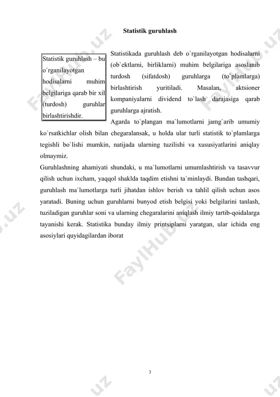 arni ta`riflovchi ko`rsatkichlar tipik va barqaror bo`lishi uchun ularga mansubli birliklar soni etarli miqdorda bo`lishi kerak. ayrim guruhlar uchun hisoblanadigan umumiy ko`rsatkichlar tipik va barqaror bo`lishini ta`minlash uchun har bir guruhga tegishli birliklar soni etarli miqdorda (5 birlikdan kam bo`lmasligi) bo`lishi kerak, chunki bu holda umumiy ko`rsatkichlarda tasodifiy kuchlar ta`siri o`zaro qirqiladi va qonuniyat, tipik jihat yaxshiroq namoyon bo`ladi. guruhlar soni ko`p - variantli echim asosida belgilanishi ke-rak. guruhlar sonini to`g`ri belgilash guruhlash samarali bo`lishi uchun muhim garovdir. bu masalani ko`pvariantlik qoidaga tayanib echish eng yaxshi yo`l hisoblanadi. ayrim darsliklarda[footnoteref:1] guruhlar sonini g.a. sterjess formulasi va g. bruks hamda n. karuzers formulasi k=5lgn (bu erda: lg - o`nlik logarifm, ln - natural logarifm, n-berilgan to`plam birliklar soni, k - guruhlar soni) yordamida aniqlash tavsiya etilgan. ammo bu formulalar variatsion qatorlarni tuzish uchun mo`ljallangan bo`lib, ulardan to`plam birliklar soni 100 dan ko`proq n100 va guruhlash bir belgi asosida tuzilganda foydalanish mumkin. …