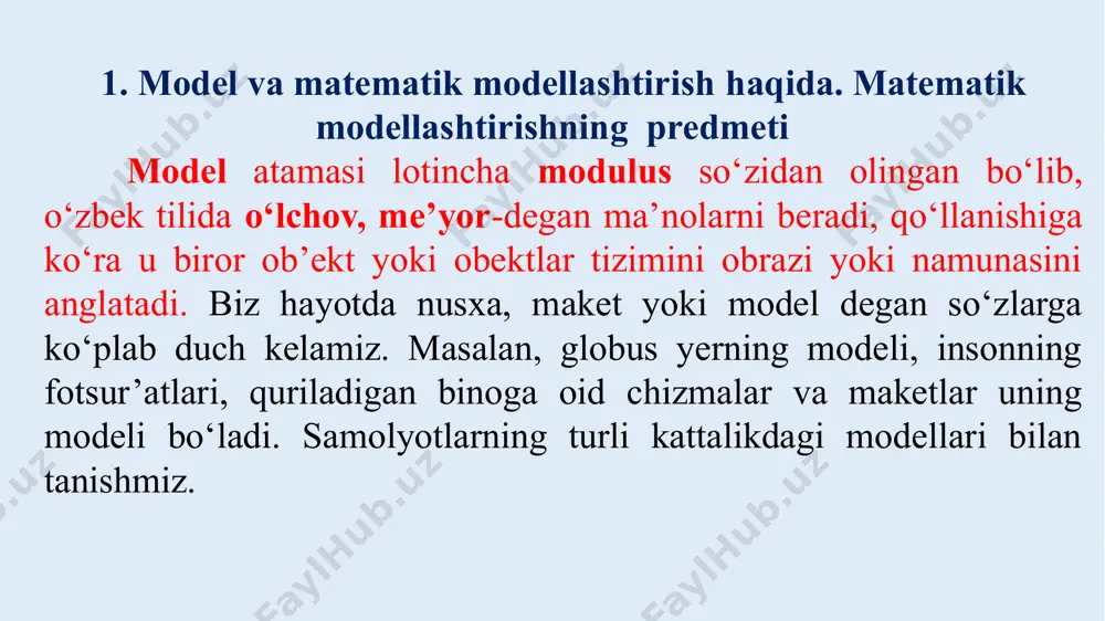 lganda, tuzilgan modelni real jarayonga muvofiq kelishi tushuniladi. 2. iqtisodiy – matematik usullar va modellar qo‘yiladigan maqsadlarga ko‘ra iqtisodiy-matematik modellar nazariy-analitik (iqtisodiy jarayonlarni umumiy xususiyatlarni va qonuniyatlarini o‘rganadigan) va amaliy (aniq iqtisodiy jarayonlarda qo‘llaniladigan) xarakterdagi modellarga bo‘linadi. balansli modellar. trend modellar. optimallashtirish modellari 3. matematik modellashtirish usullarini qishloq xo‘jaligi va chorvachilikda qo‘llanilishi matematik modellashtirishni qishloq xo‘jaligi va chorvachilikda qo‘llanilishi qishloq (fermer) xo‘jaligi korxonalarining ekin maydonlarini optimal tarkibini aniqlash; chorva mollariga optimal ozuqa ratsioni tuzish; chorva mollarining yillik optimal poda tarkibini aniqlash va biznes reja tuzish; chorva mollarining bosh soniga ko‘ra optimal ekin maydonlarini tarkibini aniqlash; xo‘jalikda mavjud ekin maydonlari hajmiga ko‘ra chorva mollarining bosh sonini aniqlash; qishloq xo‘jalik korxonalarida mavjud mineral o‘g‘itlarni ekin maydonlariga optimal taqsimlash; mashina – traktor parklarining qishloq xo‘jalik mashinalarini optimal tarkibini aniqlash va h.k. 3. matematik modellashtirish usullarini qishloq xo‘jaligi va chorvachilikda qo‘llanilishi optimallik mezoni – masala yechimining maqsadga olib keluvshi ko‘rsatkish bo‘lib, har xil ko‘rinishlarda …