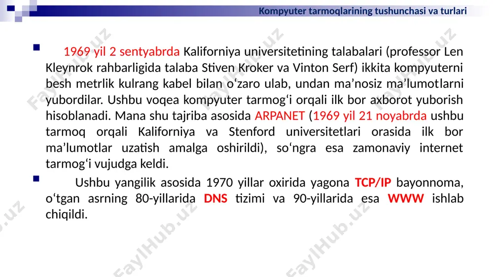 urli meʼyorlarga ko‘ra sinflarga ajratish mumkin. bular: 1) o‘tkazish qobiliyati, yaʼni maʼlumotlarni tarmoqqa uzatish tezligiga muvofiq: n- past (100 kbit/s gacha); n- o‘rta (0,5-10 mbit/s gacha); - yuqori(10 mbit/s dan ortiq). tarmoq tushunchasi va uning turlari kompyuter tarmoqlarining tushunchasi va turlari axborot muhitida tezlik tushunchasi, birliklari va axborot kanallari sig‘imi maʼlum vaqt oralig‘ida aloqa muhitlari orqali uzatiladigan axborot hajmi - uning uzatilish tezligini belgilaydi. axborot kanallarining sig‘imi ular orqali maʼlum vaqt oralig‘ida uzatiladigan axborot hajmi bilan belgilanadi. bu o‘z navbatida axborot kanallarining o‘tkazish qobiliyatini anglatadi. naxborotni uzatish tezligi birliklari: ¨bit/sekund – bir soniyada aloqa muhiti orqali uzatiladigan bitlar soni; ¨kbit/sekund – bir soniyada aloqa muhiti orqali uzatiladigan minglab yaxlitlangan bitlar soni; ¨mbit/sekund – bir soniyada aloqa muhiti orqali uzatiladigan millionlab yaxlitlangan bitlar soni; ¨gbit/sekund – bir soniyada aloqa muhiti orqali uzatiladigan milliardlab yaxlitlangan bitlar soni. kompyuter tarmoqlarining tushunchasi va turlari 2) kompyuter tarmoqlarining geografik joylashishi, masshtabi hamda hajmiga muvofiq: -lan …