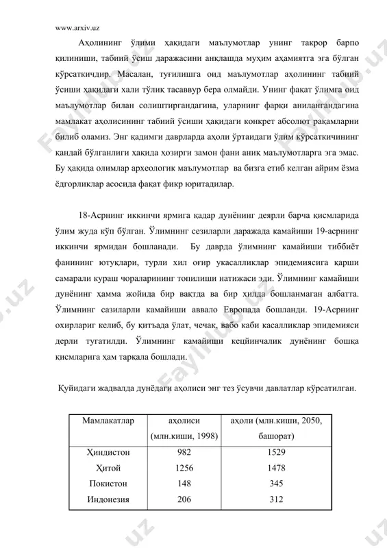 илда дунё мамлакатларидаги энг кўп мамлакат ҳитой ўрнини ҳиндистон эгаллаши (1529 млн) кўзда тутилмоқда. ҳозирги даврда энг аҳолиси кўп давлатлар (1996). (млн. киши) 1. ҳитой - 1205 2. ҳиндистон - 913 3. ақш - 260 4. индонезия - 189 5. бразилия - 159 6. россия - 148 7. покистон - 126 8. япония - 124 9. бангладеш - 122 10. нигерия - 119. юқоридаги икки жадвал таҳлили шуни крсатадики, дунёнинг энг кўп аҳоли ўнлик мамлакатлари ичида яқин келажакда япония ҳамда россия давлатлари тушиш, улар ўрнини мексика ва филлипин давлатлари кўзда тутилади. кишилик жамиятининг бутун тарихи - аҳоли бир авлоднинг иккинчи авлод билан алмашинуви, унинг тинимсиз янгиланиб туришидан иборат бу жараён ҳар йили содир бўладиган туғилиш ва ўлим кўрсатикичларидаги фарқда яққол намоён бўлади. ҳар ёили қандайдир сабабларга кўра вфот этган аҳоли ўрнининг янгидан, дунёга келган авлод ҳисобига тўлдирилиб бориши аҳолининг такрор барпо қилиниши дейилади. туғилганлар сони ўлганлар сонидан ортиқ бўлдандагина аҳоли …