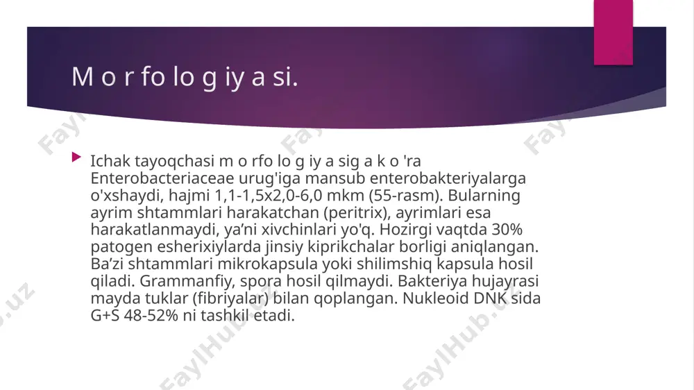 sh xususiyatini yo'qot-m aydi. hozirgi vaqtda ichak tayoqchasining 170 dan ortiq o -serologik guruhlari borligi aniqlangan. k -antigen yuza jo y lash g an bo'lib, haroratga chidam siz b -, l - va haroratga chidamli a -a-ntigenlardan tashkil iopgan. esnerixiyiarda ioo dan ortiq turli k - antigenlari bor. h-antigen xivchinda joylashgan bo'lib, oqsildan iborat, term olabil tip maxsuslikka ega. ichak tayoqchasida 50 dan ortiq turli n -a ntigenlar mavjud. esherixiylaming antigen tuzilishiga qarab antigen formulasi belgilanadi. b unda antigen, uning turi va tartib nomeri ko'rsatiladi. masalan: 0111 seroguruhining antigen formulasi 0111:k58:h2,0111: b4:h12,020:k84:h34, 055:b5:h7,044:k74:h18,026:b6:h11 va boshqalar. ichak tayoqchasining antigen tuzilishi mutatsiya, genetik rekombinatsiya va fag konversiyasi kabi «m iliar ta’sirida o'zgarishi mumkin. esherixiylar orasida fagovar va kolitsinovarlari ham borligi kuzatilgan. unirng bu xususiyatidan kasallikka laboratoriya tashxisini qo'yishda, epidem iologik holatini aniqlashda foydalaniladi. hayvonlarga nisbatan patogenligi. ichak tayoqchasining ayrim seroguruhlari hali emadigan buzoqchalarda ich ketishi bilan kechadigan m e’d-a-ichak yo'lining og'ir, ko'pincha …