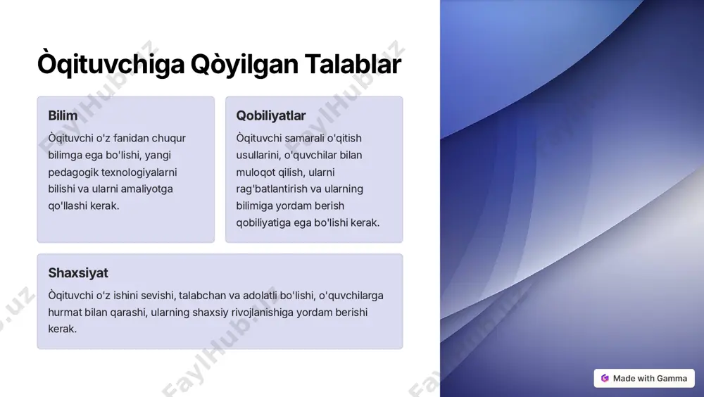 zifasi beriladi. https://gamma.app/?utm_source=made-with-gamma dars sifatini baholash mezoni 1 maqsadga muvofiqlik dars o'z maqsadiga erishganmi, o'quvchilarga belgilangan bilimlar berilganmi? 2 faollik òquvchilar darsda faol ishtirok etganmi, o'z fikrlarini ifoda etganmi, savollar berganmi? 3 o'zlashtirish darajasi òquvchilar o'rganilgan mavzuni qanchalik tushunib olishgan, o'zlashtirish darajasi qanday? 4 natijalar dars natijalarini qanday baholash mumkin, o'quvchilarning bilimi qanday darajada oshib bormoqda? https://gamma.app/?utm_source=made-with-gamma xulosa va takliflar 1 rejalashtirish òqitish jarayonini rejalashtirish va o'quv maqsadlarini aniq belgilash muhim. 2 faollik darslarni o'quvchilarning faol ishtirokini rag'batlantiruvchi uslubda tashkil qilish. 3 bilimlarni baho òquvchilarning bilimini muntazam ravishda baholash va ularga muvofiq takliflar berish. https://gamma.app/?utm_source=made-with-gamma