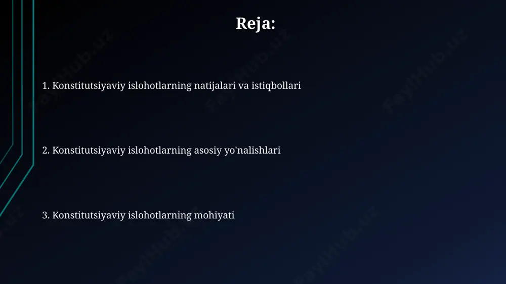yatlari fuqarolarning 18 yoshdan oshganlarga beriladigan saylash va saylanish huquqi o'zbekiston respublikasi konstitutsiyasi, 23-moddasi bilan kafolatlanadi va bu mamlakatning siyosiy hayotida faol ishtirok etish imkoniyatini beradi. konstitutsiyaning 65-moddasi bo'yicha, har bir fuqaro o'zbekiston respublikasining davlat tili bo'lmish o'zbek tilini bilishga majbur emas, lekin davlat organlarida o'zbek tilida muloqot qilish uchun 3 yil muddatli bepul kurslar taqdim etiladi. sud hokimiyati “sud hokimiyati” o‘zbekiston respublikasining konstitutsiyasi 92-moddasida mustaqil va mustaqil davlat hokimiyati organi sifatida belgilangan bo‘lib, 12 ta viloyat va toshkent shahrida o‘z vakolatlarini amalga oshiradi. 2008 yildan buyon o‘zbekistonda sud islohotlari doirasida sud tizimining mustaqilligini mustahkamlash, sud organlarining samaradorligini oshirish va fuqarolarning huquqiy madaniyatini yuksaltirish bo‘yicha 5 ta muhim qonun qabul qilindi. islohotlarning istiqbollari 2025 йилгача ўзбекистон конституциясига киритилган ўзгартишлар натижасида 5 тадан ортиқ янги қонун лойиҳалари қабул қилиниши ва маҳаллий ҳукуматларнинг самарадорлиги 15% га ошиши кутилмоқда. сиёсий таҳлилчиларнинг фикрича, конституциявий ислоҳотларнинг узоқ муддатли истиқболи, хусусан, қонун устуворлигининг таъминланиши ва коррупциянинг …