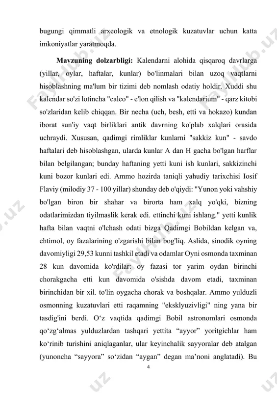 u joylashuvi takrorlansa, xuddi shu voqea yana sodir bo'lishiga ishonishgan. xuddi shu yetti raqam - sayyoralar soni bobilliklar uchun ham, boshqa ko'plab antik xalqlar uchun ham muqaddas bo'lgan. qadimgi bobil munajjimlari kunni 24 soatga bo'lib, kunning har bir soati ma'lum bir sayyora homiyligida, go'yo uni "nazorat qiladi" degan g'oyani shakllantirdilar. soatlarni hisoblash shanba kuni boshlandi: birinchi soatni saturn, ikkinchisini yupiter, uchinchisini mars, to'rtinchisini quyosh, beshinchisini venera, oltinchisini merkuriy, ettinchisini oy boshqardi. shundan so'ng, tsikl yana takrorlanadi. interkalar kunlar (dies intercalares) mersedoniya oyi deb atalgan, garchi qadimgi yozuvchilar buni oddiygina interkalar oy - interkalarius (inter-calaris) deb atashgan. “mersedoniya” so‘zining o‘zi “merces edis” “mehnat to‘lovi” so‘zidan kelib chiqqanga o‘xshaydi: go‘yo ijarachilar mulk egalari bilan hisob-kitob qiladigan bir oy edi. ko'rib turganingizdek, bunday qo'shimchalar natijasida rim taqvimi yilining o'rtacha uzunligi 366,25 kunga teng bo'ldi - bu haqiqiy kundan bir kun ko'proq. shuning uchun vaqti-vaqti bilan bu kunlarni taqvimdan tashqariga tashlash kerak edi. kurs …