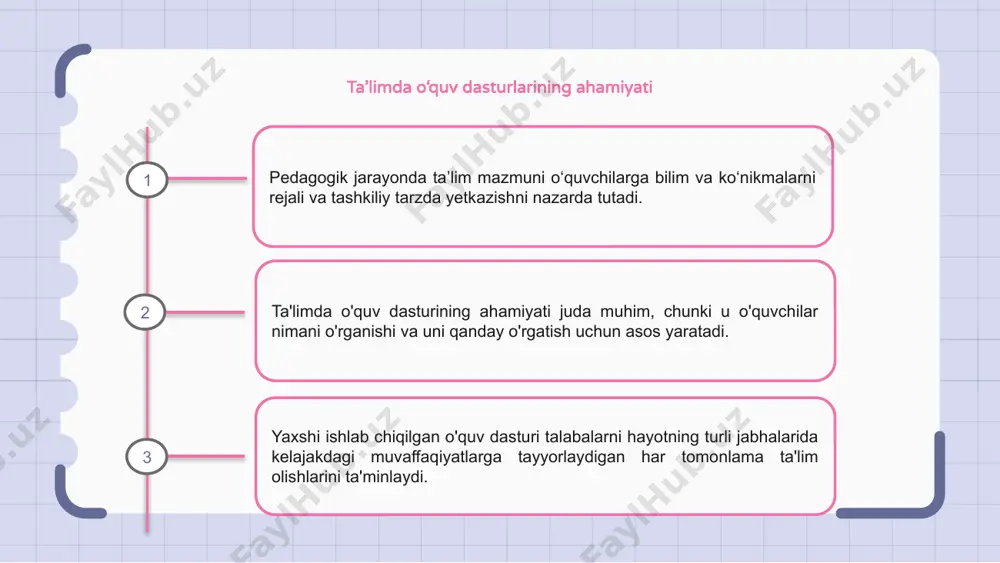 o'quv materiallarini tanlash va baholashni yaratishni o'z ichiga oladi. bu o‘quvchilarni kelajakka tayyorlaydigan har tomonlama ta’lim-tarbiya olishini ta’minlaydi. ta'lim mazmuniga e'tibor qaratish orqali o'qituvchilar o'quvchilar uchun qiziqarli va tegishli ta'lim tajribasini yaratishi mumkin. bu ularga doimiy o'zgaruvchan dunyoda muvaffaqiyatga erishish uchun muhim ko'nikmalar va bilimlarni rivojlantirishga yordam beradi. 1 2 3 ta'lim mazmunida baholashning o'rni pedagogik jarayonda ta’lim mazmuni o‘quvchilarning o‘quv maqsadlariga erishish uchun nimani o‘rganishi kerakligiga e’tibor qaratadi. baholash o‘qituvchilarga o‘quvchilar qanday tushunchalarni tushunganliklari va qayerda yaxshilanishlar zarurligi to‘g‘risida rahbarlik qilish orqali ta’lim mazmunini shakllantirishda hal qiluvchi rol o‘ynaydi. ta'lim mazmunida baholashning rolini tushunib, o'qituvchilar barcha o'quvchilar uchun samarali ta'lim natijalarini ta'minlash uchun o'z o'qitish usullarini moslashtirishlari mumkin. hayotiy bilimlarni pedagogikaga kiritish pedagogik jarayonda ta’lim mazmuni faqat o‘quv predmetlarini o‘z ichiga olmaydi. shuningdek, u talabalarga muhim hayotiy ko'nikmalarni berishni ham o'z ichiga oladi. pedagogikada hayotiy ko‘nikmalarni singdirish an’anaviy o‘qitish usullaridan tashqariga chiqadi. bu talabalarga samarali muloqot qilish, muammolarni hal …