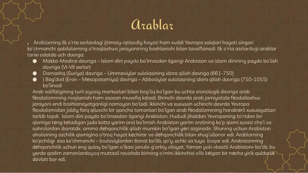 y ustunligini, ka'baning va undagi qora toshning muqaddasligini e'tirof etib, har bir musulmon makkaga haj qilishi shart, dеb e'lon qilishga majbur bo’ldi. bu bilan muhammadning yangi diniy tashkiloti quraysh zodagonlarining siyosiy ta'sirini ham tan oldi. haqiqatda, arablarda turli arab qabilalarini bitta qilib birlashtirgan davlat dini tashkil topa boshladi. makka zodagonlari va badaviy qabilalarining boshliqlari bu yangi davlatda o’zlarining hukmronlik mavqеini kеngroq, umum arabiston doirasida mustahkamlab olish imkoniga ega bo’ldi muhammad vafot etgandan kеyin, oradan ko’p o’tmay, islom vayron ostiga birlashgan arab qabilalari arabiston yarim orolidan tashqariga chiqib, vizantiya, eron yerlarini istilo qila boshladi. dastlabki xalifalar zamonida arablarning istilolari. muhammadning eng yaqin vorislari – xalifalar – arab harbiy jamoasining saylab qo’yiladigan boshliqlari bo’lib, ular diniy, harbiy va fuqarolik hokimiyatini o’z qo’llariga olgan edilar. 632661 yillar davrida birin-kеtin abu bakr, umar, usmon va ali xalifalar sifatida idora qildi. bular ichida ikkinchi xalifaning – umarning (634-644) idora davri juda katta ahamiyatga ega bo’ldi. …