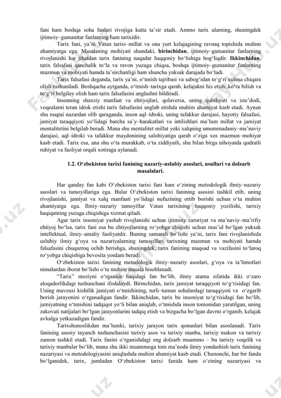 hlari sabablarini ochib berish. 5. fandagi ilmiy asoslangan yangi nazariyalarni tahlil va umumlashtirish uslubi asosida o‘quv jarayoniga joriy etish. 6. tarixning harakatlanuvchi omillarini talabalarga ko‘rsatib berish. 7. davlat va jamiyat taraqqiyotida mustaqillikni mustahkamlash hamda saqlash omili bo‘lgan komil insonni tarbiyalashda tarixning rolini asoslab berish. 8. talabalar va bo‘lajak mutaxassis kadrlarga chuqur milliy va umuminsoniy tarixiy, ilmiy–nazariy dunyoqarashni singdirish. 9. yoshlarda milliy tafakkur, g‘urur va o‘zlikni anglash, vijdon va umuminsoniy barkamollikni tarbiyalash. 10. yosh avlodda vatanparvarlik va milliy jasoratni, millat va vatanga sadoqatlilikni rivojlantirish. 11. talabalarga milliy va tarixiy qadriyatlarni e’zozlash, asrab–avaylash ruhini singdirish, ularda yuksak axloqiy fazilatlar (halollik, poklik, odillik, rostgo‘ylik, mehnatsevarlik, kamtarinlik, imon va e’tiqodlilik)ni tarbiyalash. 12. yoshlarni vatan va xalq, millat, ota–ona va farzand, tabiat va jamiyat oldidagi muqaddas burchlarni chuqur his etish va ularga sadoqatlilik ruhida kamol toptirish. elatlar va xalqlar, millatlar va davlatlarga taalluqli murakkab ijtimoiy–siyosiy, iqtisodiy va madaniy jarayonlar tarixda o‘z aksini topadi. har bir …