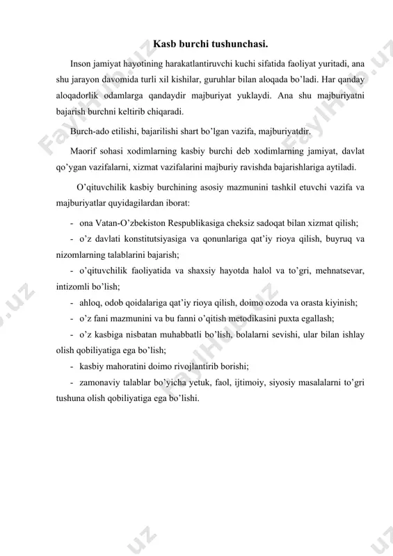 oshish (ijodiy ishga qobiliyatli bo’lishi); 7. xulq-atvor va xatti-harakatning o’zgaruvchanligi (pedagogik holatlarga tezda moslashish va bu ishda o’zini qat’iy tutish qobiliyati); 8. o’z fanini chuqur bilish, o’quv faniga nisbatan qobiliyatli bo’lish; 9. muvofiqlik va mustaqillik (o’quvchilarni qiziqtira olish qobiliyati); 10. kasbiy mahoratning rivojlanib borishi (o’z ishining natijasini ko’ra bilish qobiliyati) foydalaniladigan adabiyotlar: 1. m.n. muminova, m.a. maksumova «kasbiy etika va etiket», uslubiy qo’llanma, t.,2006. 2. i. a. karimov «istiqlol va ma’naviyat» t.,1994. 3. i. a. karimov «o’zbekiston buyuk kelajak sari» t.,1998. 4. n. e. muhammadiyev «kasb etikasi va estetik madaniyati»- toshkent,1998 y. 5. m. abdullayev, e. xakimov «vvedeniye v etiku»-namangan, 1998. 6. abdulla sher «axloqshunoslik» ma’ruzalar matni, toshkent, 2000 7. v.g. fedsov «kultura servisa» uchebno-prakticheskoye posobiye - m., «prior», 2001. 8. a.a. avloniy «turkiy guliston yohud ahloq», t. 1992. 9. y. y. petrunin, v.k. borisov «etika biznesa» m., «delo»,2000. 10. s. s. gulomov «tadbirkorlik va kichik biznes» - t., «shark», …