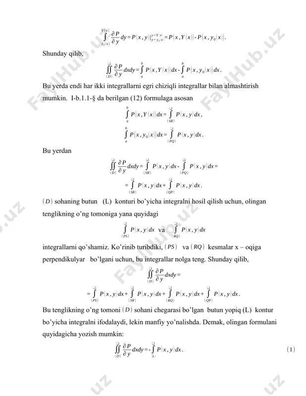ikkala integral bitta o’sha parameter bo’yicha oddiy integralga keladi: endi (2) ni o’ng tomonidagi integralga grin formulasini qo’llaymiz: oxirgi integral ostidagi ifodadan qyuidagini olamiz: endi buni (3) tenglikka qo’ysak, ushbu ikki karrali integralga kelamiz: ushbu bu yerda (s) sirt tomoniga mos yo’naltiruvchi kosinuslar, formula ikkinchi va birinchi tur sirt integrallarini bog’lovchi umumiy formula bo’lib, bizga ma’lumki, sirtning tanlangan tomonini xarakterlovchi, yonaltiruvchi kosinuslar, quyidagi formulalar orqali aniqlanadi boshqa tomondan parametrlar bo’yicha ikki karrali integralga o’tishda, elementni ifoda bilan almashtiriladi. nihoyat, ushbu o’ng tomonda, funksiyalarda o’rniga ularning orqali ifodalari qo’yilgan deb faraz qilinadi. (4’) formulaga asosan, ikki karrali integralni sirtni tanlangan tomoni bo’yicha olingan sirt integraliga oson almashtirish mumkin. shu bilan (1) tenglik isbotlandi. xuddi shunga o’xshash, quyidagi tengliklarni olamiz: bu yerda – ga bog’liq yangi funksiyalar bo’lib, ular funksiyaga qo’yilgan shartlarni qanoatlantiradi. (1), va uchala tengliklarni qo’shib, quyidagi nisbatan umumiy ko’rinishdagi formulani olamiz: bu tenglik stoks formulasi deyiladi. agar sirtning bo’lagi …