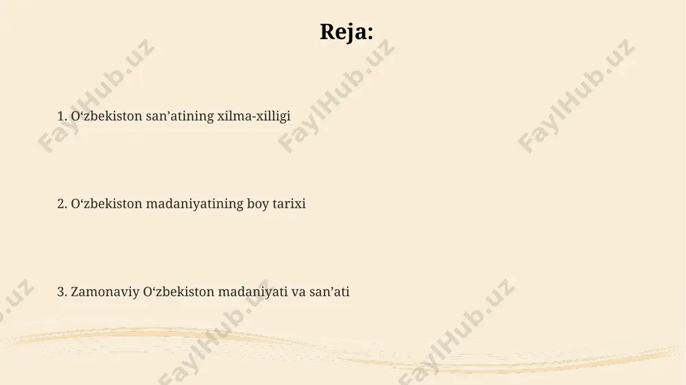iston hududida topilgan 4000 dan ortiq madaniy yodgorliklar, jumladan, buxoro va xorazm viloyatlaridagi tarixiy qal'alar va masjidlar, o'zbekiston madaniyati va me'morchiligining boy tarixini namoyish etadi. amu daryo vodiysi, miloddan avvalgi 2-ming yillikka oid arxeologik topilmalar, shuningdek, samarqand va buxoroning qadimgi shaharlarining rivojlanishi o'zbekiston madaniyatining boy tarixini aks ettiradi. margʻilon va xiva kabi shaharlarda 15-18-asrlarda yaratilgan milliy hunarmandchilikning noyob namunalari –chinnigullar, zargarlik buyumlari va gilamlar, o'zbekiston madaniyatining boyligidan dalolat beradi. o'zbek xalq amaliy san'ati o'zbek xalq amaliy san'atining namanganda yashovchi hunarmandlari tomonidan yaratilgan 150 dan ortiq turdagi gilam va adraslar jahon bo'ylab mashhurdir. xorazm viloyatida an'anaviy ravishda tayyorlanadigan 500 yildan ortiq tarixga ega bo'lgan kushon davri uslubidagi kulolchilik buyumlari muzey eksponatlari hisoblanadi. toshkentdagi "hunarmand" uyushmasi 200 dan ortiq hunarmandni birlashtirib, milliy naqsh va bezaklarga ega bo'lgan zargarlik buyumlari, yog'och o'ymakorligi va boshqa hunarmandchilik turlarini rivojlantiradi. o'zbekiston muzeylari va madaniy markazlari buxoroning tarixiy markazida joylashgan madaniyat markazlari 150 dan ortiq an'anaviy hunarmandchilik …