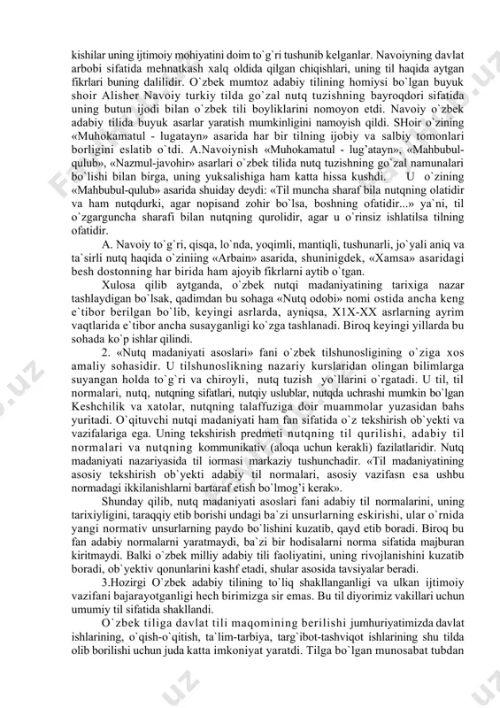 an xulosani ko`z oldiga keltirib gapirish kerakligini, kishi kamtar bo`lishi, o`zini xalq orasida oddiy, kamtar tutishi lozimligini eslatib, mahmadonalik qilish, ko`p gapirish donolik belgisi emas... «ey farzand, agar sen har qanday notiq bo`lsang ham, o`zingni bilganlardan pastroq tutgil, toki so`z bilimdonligi vaqtida bekor bo`lib qolmagaysan. ko`p bilu, oz so`zla, kam bilsang, ko`p so`zlama, chunki aqlsiz kishi ko`p so`zlaydi, deganlarki, jim o`tirish salomatlik sababidir. ko`p so`zlovchi aqlli odam bo`lsa ham, xalh uni aqlsiz deydi...» ulut shoir yusuf xos hojib turkiy xalqlarning xii asrdagi ajoyib badiiy yodgorligi bo`lgan «qutadg’u bilig» («baxt keltiruvchi bilim») asarida so`zlarni to`g`ri tanlash va to`g’ri qo`llash haqida: «bilib so`zlasa so`z bilig sanalur» degan edi. qisqa suzlash, so`zlarga iloji boricha ko`proq ma`no yuklash haqida: ugush so`zlama so`z biror so`zla oz, tuman so`z tugunini bu bir so`zla yoz. deydi. mazmuni; so`zni ko`p so`zlama, kamroq so`zla. tuman (min) tugunini shu bir so`z bilan yech. gapirishdan maqsad so`zlovchi ko`zda tutgan narsa, hodisa, …