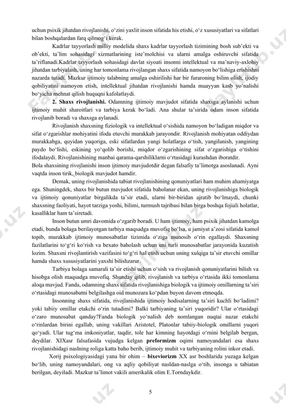 a keltiradi. pedagogik izlanishlarning samarali kechishi bir qator ob’ektiv va sub’ektiv omillarga bog‘liq. mazkur jarayonda maqsadga muvofiq keluvchi, maqbul. ayni vaqtda samarali bo‘lgan metodlarni tanlay olish ham muhimdir. shaxsni tarbiyalash, unga muayyan yo‘nalishlarda chuqur, puxta ilmiy bilimlarni berishga berish tamoyillari, ob’ekti va sub’ektiv omillarini aniqlovchi pedagogik jarayonning ichki mohiyati, aloqa va qonuniyatlarini maxsus tekshirish va bilish usullaridir. zamonaviy sharoitda, pedagogik yo‘nalishda, tadqiqotlarni olib borishda quyidagi metodlardan foydalanilmoqda: 1. pedagogik kuzatishmetodi. 2. suhbatmetodi. 3. anketametodi. 4. intervyumetodi. 5. ta’lim muassasasi xujjatlarini taxlil qilishmetodi. 6. testmetodi. 7. bolalar ijodini o‘rganish metodi. 8. pedagogik tajribametodi. 9. matematik-statistik metod. kuzatish. uni qo‘llash jarayonida, ta’lim muassasalarining o‘quv-tarbiya ishlari jarayonini o‘rganish asosida tadqiq etilayotgan muammo holat aniqlanadi, tajriba- avvali va yakunida qo‘lga kiritilgan ko‘rsatkichlar o‘rtasidagi farq to‘g‘risidagi ma’lumotga ega bo‘linadi. suhbat metodi. bu metod pedagogik kuzatish jarayonida ega bo‘lingan ma’lumotlarni boyitish, mavjud holatga to‘g‘ri baho berish, muammoning echimini topishga imkon beruvchi pedagogik shart-sharoitlarni yaratish, tajriba-sinov ishlari …