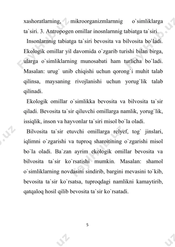 o`simliklar ekologiyasiga kirish. ekologik omillar haqida tushuncha - Page 5