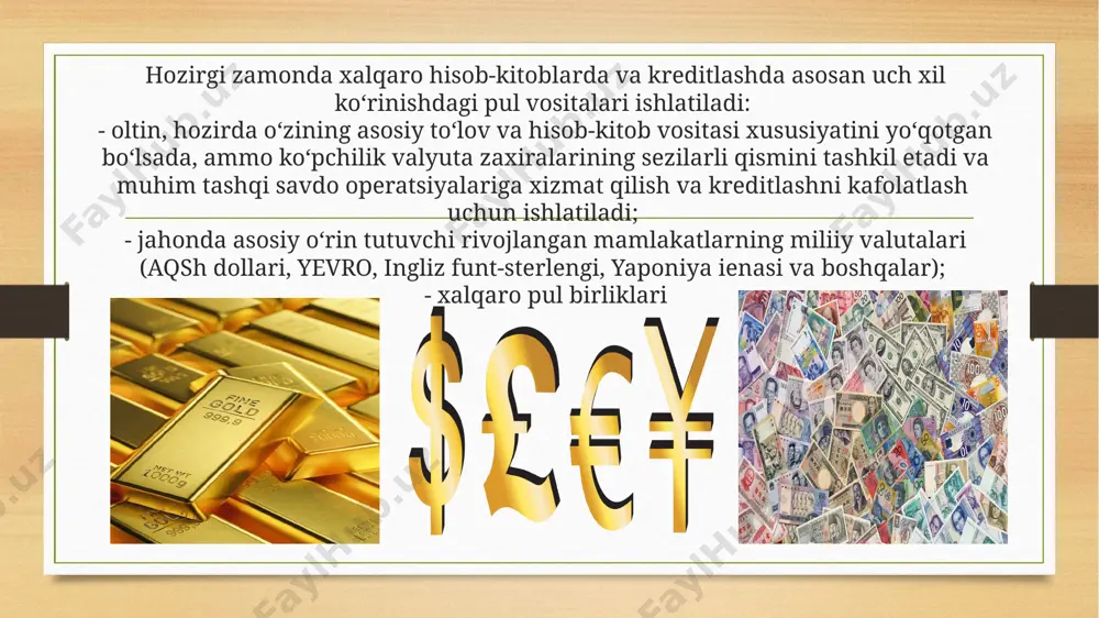 ikki mamlakatda ishlab chiqarilgan tovarlarning nisbiy bahosidir. real valyuta kursi bir mamlakat tovarlari boshqa mamlakat tovarlariga almashishi mumkin bo‘lgan nisbatni ko‘rsatadi, shu tufayli u savdo sharoiti ham deb yuritiladi. nominal va real valyuta kurslari o‘rtasidagi nisbat quyidagi ko‘rinishga ega. bu yerda : er – real valyuta kursi; en - nominal valyuta kursi ; pd – milliy valyutada ko‘rsatilgan ichki baholar darajasi (indeksi); pt – xorijiy valyutada ko‘rsatilgan chet eldagi baholar darajasi (indeksi). har ikkala mamlakatdagi baholar darajasi (indeksi) bir xil bazis yilga nisbatan berilgan. real valyuta kursining ko‘tarilishi (pasayishi) bu mamlakat tovarlari raqobatbardoshligining pasayganligi (oshganligi) to‘g‘risida guvohlik beradi. xulosa jahon valyuta tizimi - xalqaro ayirboshlashning barcha shakllariga xizmat qilishga va ularning samarali rivojlanashini ta’minlashga qaratilgan mamlakatlar o‘rtasidagi valuta munosabatlarining yig‘indisidir. valuta konvertirlashuvi deganda uni boshqa xorijiy valutalarga almashish qobilyati tushuniladi. erkin konvertirlanadigan valyuta – bu, amaldagi kurs bo‘yicha har qanday boshqa xorijiy valyuta erkin va cheklanmagan miqdorda ayirboshlanadigan valutadir. bunga …