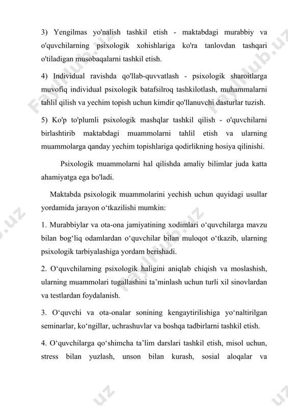 qida ko'proq ma'lumot to'plash. muammo biror mavzuga oid ma'lumot yig'ilganida, uni yechish yo'li ochiq bo'ladi. buning uchun kutubxonalardan yoki internetdan kerakli ma'lumotlarni topish mumkin. 3. muammo bilan yuzasidan hayotning boshqa sohalariga ko'chirish. yo'qotgan havo bo'lsa, yaxshi dam olmasligi momkin. shu sababli, boshqa yo'nalishlar, masalan, sport, san'at, turizm va yana ko'p narsalarga qiziqish ko'paytirish yoki yo'l ochish maqsadida foydali bo'ladi. 4. yordam so'ralish. muammo yechishga harakat qilishda, yordam so'ralish shart bo'ladi. psixologik ko'makni ko'rsatuvchi professionalga murojaat etishingiz yoki yaqin do'stingiz, oilangiz yoki kollegalaringizdan yordam so'ralishingiz mumkin. 5. muammo kuzatuvchisining aytishiga qulaylik solish. muammolar davomida oilaviy ahamiyat kasb etishi mumkin. bu sababli, chorakchi va to'g'ridan-to'g'ri muammo yechishga qarang. 6. tavsif qilish. muammoning tavsifi va shu sababli yechilish yo'li aniqligicha, maslahatlash
