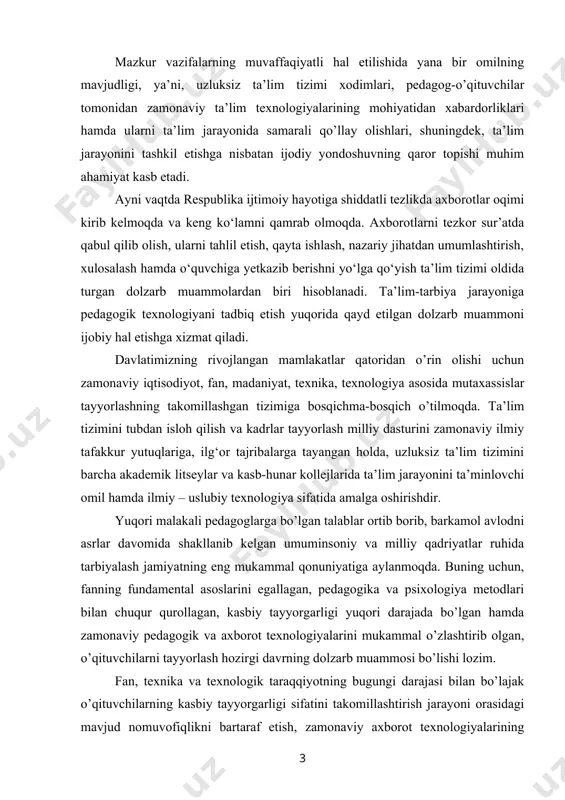 ylar va kasb-hunar kollejlarida ta’lim jarayonini ta’minlovchi omil hamda ilmiy – uslubiy texnologiya sifatida amalga oshirishdir. yuqori malakali pedagoglarga bo’lgan talablar ortib borib, barkamol avlodni asrlar davomida shakllanib kelgan umuminsoniy va milliy qadriyatlar ruhida tarbiyalash jamiyatning eng mukammal qonuniyatiga aylanmoqda. buning uchun, fanning fundamental asoslarini egallagan, pedagogika va psixologiya metodlari bilan chuqur qurollagan, kasbiy tayyorgarligi yuqori darajada bo’lgan hamda zamonaviy pedagogik va axborot texnologiyalarini mukammal o’zlashtirib olgan, o’qituvchilarni tayyorlash hozirgi davrning dolzarb muammosi bo’lishi lozim. fan, texnika va texnologik taraqqiyotning bugungi darajasi bilan bo’lajak o’qituvchilarning kasbiy tayyorgarligi sifatini takomillashtirish jarayoni orasidagi mavjud nomuvofiqlikni bartaraf etish, zamonaviy axborot texnologiyalarining yetarli joriy etilmaganligi sababli o’qituvchilarning interfaol usullardan foydalanishlarida turli muammolar vujudga kelmoqda. shu sababli ushbu muammo dolzarb bo’lib qolmoqda. zamonaviy o’qitish texnologiyalari va ular bilan bog‘liq metodik yondashuvlar bo’lajak o’qituvchilarda zaruriy bilimlar, ta’lim-tarbiyaga doir muhim qonuniyatlar va ko’plab fundamental tushunchalarning mustahkam shakllanishi uchun zamin yaratadi. fan va texnika jadal sur’atlar bilan rivojlanayotgan …
