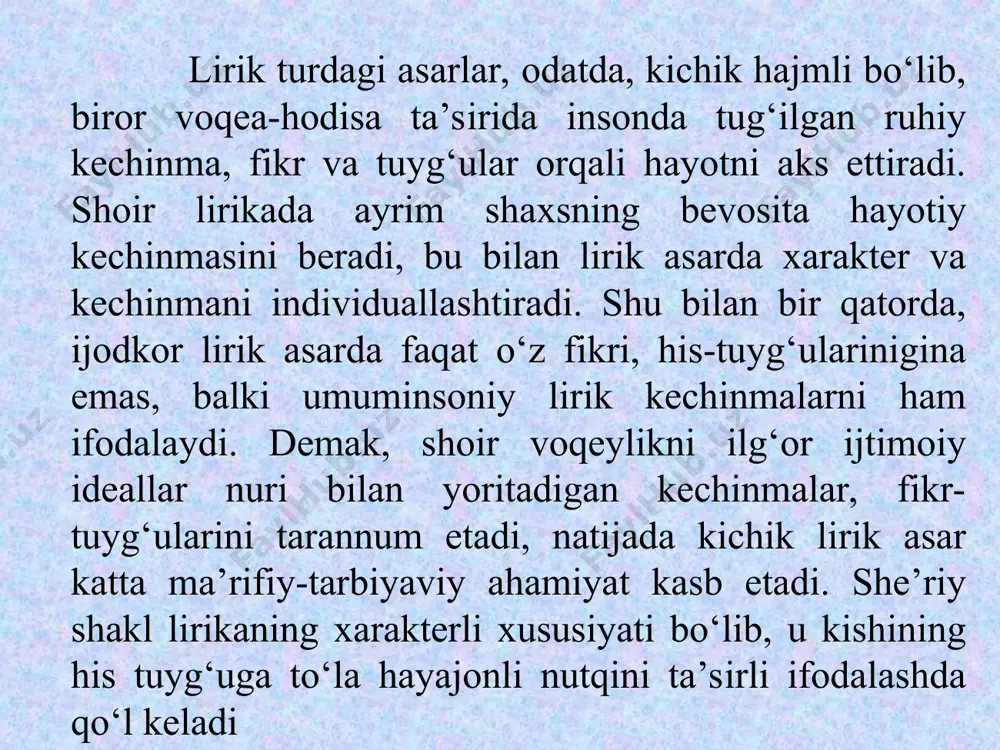 unini, lirik qahramonning ichki hissiyotlarini tinglovchiga to‘la yetkazishda ifodali o‘qish muhim ro‘l o‘ynaydi. shu boisdan ham har bir talaba ijrochilik mahoratini, ifodali o‘qishning o‘ziga xos xususiyatlarini mukammal o‘rganishi lozim. har qanday asarni ifodali o‘qish uning janr xususiyatlari va kompozitsion tuzilishiga ko‘ra belgilanadi. xususan, lirik turdagi asarlarni ifodali o‘qishga kirishishdan oldin, uning g‘oyaviy mazmuni va badiiy xususiyatlarini atroflicha o‘rganib chiqish maqsadga muvofiqdir. og‘zaki ijrochi she’rni qalban his qilib, tushunib o‘qisagina, eshituvchini zavqlantira oladi. barmoq vaznidagi she’rlarni o‘qish. vazn she’riy nutqni nasriy nutqdan farqlovchi she’riyat asoslaridan biri bo‘lib, o‘lchov ma’nosini bildiradi. binobarin, she’r ritmik nutq ekan, she’r tuzilishining asosini ma’lum ritmik birlik (o‘lchov) - hijo tashkil etadi. she’r misralaridagi hijolaming miqdoriga qarab she’r tuzilishi ko‘rinishlari va vazn turlari aniqlanadi. chunonchi, o‘zbek adabiyotining qadimiy she’r tuzilishi turlaridan bo‘lgan barmoq vaznidagi she’rlar ritmi uchun hijolarning soni va turoqlar asos bo‘lsa, aruz vaznidagi she’r tuzilishi uchun qisqa va cho‘ziq hijolarning bir tartibda kelishi asos bo‘ladi. …