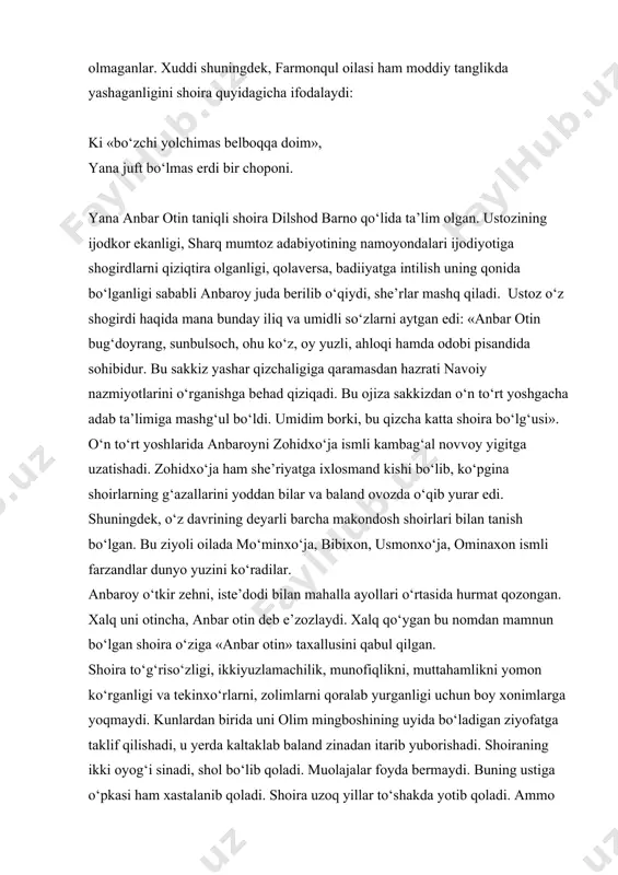yuborishadi. shoiraning ikki oyog‘i sinadi, shol bo‘lib qoladi. muolajalar foyda bermaydi. buning ustiga o‘pkasi ham xastalanib qoladi. shoira uzoq yillar to‘shakda yotib qoladi. ammo noumid bo‘lmaydi, ijod qilishda davom etadi. farzandlarining tarbiyasi va tahsiliga alohida e’tibor beradi. shoira o‘zining yotib qolganligi va farzandlari haqida shunday yozadi: mani farzandlarim to‘rt bo‘ldiyu bas, mo‘minxo‘jam edi andak yomoni. bibixon - rohati jonim, anisim, g‘ariblik, dardmandlik darmoni. yotib qoldim, murabbim bo‘ldi shu qiz, aning birla topib jonim omoni. usmonxo‘ja – halimu qobilimdur, o‘qitdi ustod xayrulloxoni. mani dardimga qo‘shdi ming alamlar, vafot etkan qizim ul ominaxoni. misralardan ham ayonki, xastamand shoiraga qizi ominaning bevaqt vafoti qattiq zarba bo‘ladi. shoira taxminan 1914 -1917 yillar oralig‘ida vafot etadi. anbar otinning ijodiy merosi deyarli she’riy asarlardan iborat. uning o‘z qo‘li bilan yozgan devoni saqlab qolingan. bu devon shoiraning o‘g‘li usmonxo‘ja zohidov tomonidan qo‘qon adabiyot muzeyiga taqdim etilgan. devonning hajmi 685 misra bo‘lib, unga kirgan she’rlarni shoira asosan hayotining …
