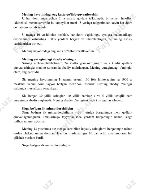 mdagi o'rningiz, otam, eng qadrlidir. siz mening hayotimning 1-raqamli ustuni, 100 foiz himoyachim va 1000 ta maslahat uchun doim tayyor bo'lgan mehribon insonsiz. sizning abadiy o'rningiz qalbimda mustahkam o'rnashgan. siz bergan 30 yillik saboqlar, 10 yillik hamkorlik va 5 yillik uzoqlik ham yuragimda abadiy saqlanadi. mening abadiy o'rningizni hech kim egallay olmaydi. sizga bo'lgan ilk minnatdorchiligim sizga bo'lgan ilk minnatdorchiligim - bu 1-sinfga borganimda meni qo'llab-quvvatlaganingizdir. darslarimga tayyorlanishda yordam berganingiz uchun, sizga million rahmat aytaman. mening 13 yoshimda siz menga sabr bilan hayotiy saboqlarni berganingiz uchun sizdan cheksiz minnatdorman. har bir maslahatingiz 10 dan ortiq muammolarni hal qilishda yordam berdi. sizga bo'lgan ilk minnatdorchiligim 📌xulosa otamga yurak izhori, hayotimda tutgan o'rni beqiyos. menga bergan mehr va saboqlari uchun bir umr minnatdorman. 📚foydalanilgan adabiyotlar 1. dadaga yurak izhori: bolalik xotiralari. (otangiz bilan bolalik xotiralaringiz haqida kitob yoki maqola.) 2. "otalar va bolalar": ijtimoiy va psixologik tahlil. (otalar va bolalar munosabatlarining ijtimoiy …