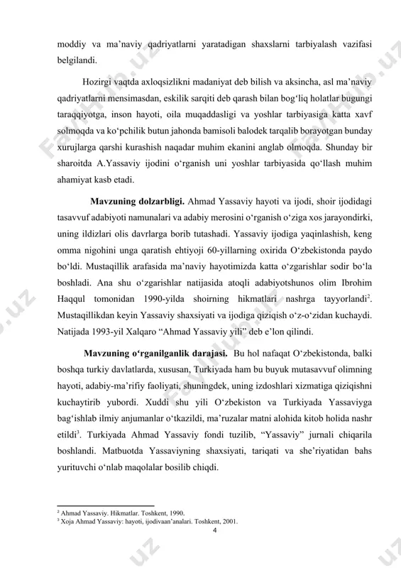 ; kurs ishining tarkibiy tuzilishi. kurs ishining tuzilishiga kо‘ra kirish, ikki asosiy bob, xulosa, foydalanilgan adabiyotlar rо‘yxatidan iborat i bob. ahmad yassaviyning ilmiy faoliyati 1.1. ahmad yassaviyning hayoti va faoliyati yassaviy, xo‘ja ahmad yassaviy (yassi yaqinidagi sayram shahri, taxminan 11-asrning 2-yarmi — 1166) — tasavvufning mashhur namoyandalaridan biri, turkiy xalqlarning buyuk shoiri. otasi shayx ibrohim javonmardlik tariqatiga mansub nufuzli zotlardan boʻlgan. yassaviy chigʻatoy tilida ijod qilgan. yassaviy tugʻilgach, koʻp oʻtmay onasi — muso shayxning qizi oysha xotun vafot etadi. 7 yoshida otasidan ham ajraladi. yassaviy tarbiyasi bilan opasi gavhar shahnoz mashgʻul boʻladi. yassaviy opasi bilan yassiga koʻchib borgach, ustozi arslon bobo bilan uchrashadi va undan tahsil oladi ("yetti yoshda arslon bobom izlab topdim..."). yassaviy yassida botin ilmi sirlarini mukammal oʻzlashtirgan. oʻsha zamonlarda ilm maʼrifatning movarounnahrdagi markazlaridan boʻlgan buxoroda turkistonning turli tomonlaridan tolibi ilmlar yigʻilishgan. arslon bobo koʻrsatmasi bilan yassaviy ham buxoroga boradi. davrning eng peshqadam olimi va so‘fiysi shayx yusuf …