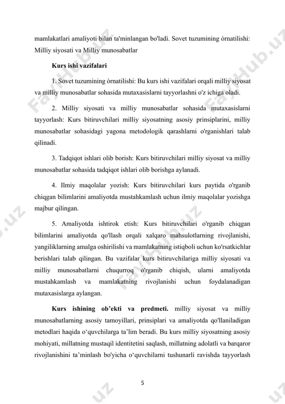 redmetini - abdulhamid cho’lpon g’oyasining ma’rifiy asoslarini belgilovchi asosiy omillar tashkil etadi. kurs ishi maqsadi: ushbu mavzuga oid ma'lumotlar olish uchun, milliy siyosat va munosabatlar sohasida yangi tushunchalarni o'rganishingiz kerak. shuningdek, milliy siyosat va munosabatlarga oid eng so'nggi yangiliklarni kuzatish va ular haqida fikrlar bildirish uchun, avvalo ilgari bilimlaringizni oshirishingiz kerak. bu kurs ishi orqali, sizning milliy siyosat va munosabatlarga oid malumotlarizni kengaytirish va o'z fikrlaringizni ifodalash imkoniyatingiz bo'ladi. kurs ishining tuzilishi. kirish, ikki bob, xulosa va foydalanilgan adabiyotlar ro‘yxatidan iborat i.bo‘lim. sovet hokimiyatining o‘zbekistonda yuritgan siyosiy, iqtisodiy, ma’naviy siyosati va amaliyoti 1917- 1945 – yillar. bolsheviklar partiyasi bosh bo‘lgan sovet hokimiyati turkistonda uzoqqa mo‘ljallangan o‘z makkorona rejalarini amalga oshirishga kirishdi. shu maqsadni ko‘zlab u xx asrning 20-yillari boshlaridan bu zaminda mustamlakachilarga xos «orani buz, hokimlik qil» qabilidagi o‘z milliy siyosatini hayotga izchil tatbiq etish yo‘lini tutdi. aslida sovetlarning milliy siyosati podsho rossiyasining ko‘p zamonlar bu yurtda yuritib kelgan shovinistik, …