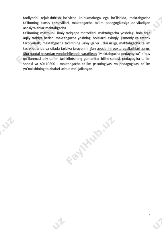 edagogika nazariyasi va tarixi fani bilan uzviyligi, maktabgacha pedagogikaning rivojlanish tamoyillari to`g`risida, maktabgacha pedagogika tarixi, yangi o`zbekistonda maktabgacha ta’lim tashklotlari tizimini bilishi, maktabgacha pedagogikaning nazariy va amaliy bilimlarini egallashi, maktabgacha ta`lim tashklotlarida bolalarga aqliy, axloqiy, jismoniy va estetik tarbiya berish, maktabgacha pedagogikadan o`z kasbiy faoliyatini rejalashtirish bo`yicha ko`nikmalarga ega bo`lishida, maktabgacha ta’limning asosiy tamoyillari, maktabgacha ta’lim pedagogikasiga qo`yiladigan asosiytalablar,maktabgacha ta’limning mazmuni, ilmiy-tadqiqot metodlari, maktabgacha yoshdagi bolalarga aqliy tarbiya berish, maktabgacha yoshdagi bolalarni axloqiy, jismoniy va estetik tarbiyalash, maktabgacha ta’limning uzviyligi va uzluksizligi, maktabgacha ta’lim tashklotlarida va oilada tarbiya jarayonini jfan asoslarini puxta egallashlari zarur. shu nuqtai nazardan yondoshilganda yaratilgan “maktabgacha pedagogika” o`quv qo`llanmasi oliy ta`lim tashkilotsining gumanitar bilim sohasi, pedagogika ta`lim sohasi va 60110300 - maktabgacha ta`lim psixologiyasi va pedagogikasi ta`lim yo`nalishining talabalari uchun mo`ljallangan. kurs ishining maqsadi o’bekistonda maktabgacha talimning vujudga kelishi va uning mazmun mohiyatini o’rganish. kurs ishining vazifalari. 1 maktabgach talimning hozirgi kunga qadar erishgan yutuqlari 2 …