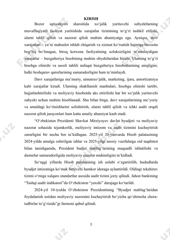 tanishganida, prezident budjet mablag‘larining maqsadli ishlatilishi va dasturlar samaradorligida moliyaviy nazorat muhimligini ta’kidladi. so‘nggi yillarda hisob palatasining ish uslubi o‘zgartirilib, hududlarda byudjet intizomiga ko‘mak beruvchi hamkor idoraga aylantirildi. oldingi tekshiruv tizimi o‘rniga xalqaro standartlar asosida audit tizimi joriy qilindi. jahon bankining “tashqi audit indikatori”da o‘zbekiston “yaxshi” darajaga ko‘tarildi. 2024-yil 10-iyulda o‘zbekiston prezidentining “byudjet mablag‘laridan foydalanish ustidan moliyaviy nazoratni kuchaytirish bo‘yicha qo‘shimcha chora-tadbirlar to‘g‘risida”gi farmoni qabul qilindi. byudjetga qo‘shimcha daromad manbalarini aniqlash, moliyaviy va boshqa xavflarning oldini olish doimiy vazifa hisoblanadi. davlat ulushi bor korxonalarning moliyaviy faoliyatini doimiy monitoring qilib borish ham muhim. joriy yilda byudjetga 309 trillion so‘m daromadlar tushishini ta’minlash choralari ko‘riladi. xalqaro moliya institutlari mablag‘lari hisobidan amalga oshirilayotgan loyihalarni xalqaro standartlar asosida auditdan o‘tkazish amaliyoti boshlanadi. prezident barcha davlat idoralarida moliyaviy intizom va tejamkorlikka qat’iy amal qilinishi zarurligini ta’kidladi. shuningdek, 2021-yil 10-fevralda “yoshlarni qo‘llab-quvvatlash va aholi salomatligini mustahkamlash yili” davlat dasturi ijrosini samarali tashkil etish masalalari yuzasidan videoselektor …