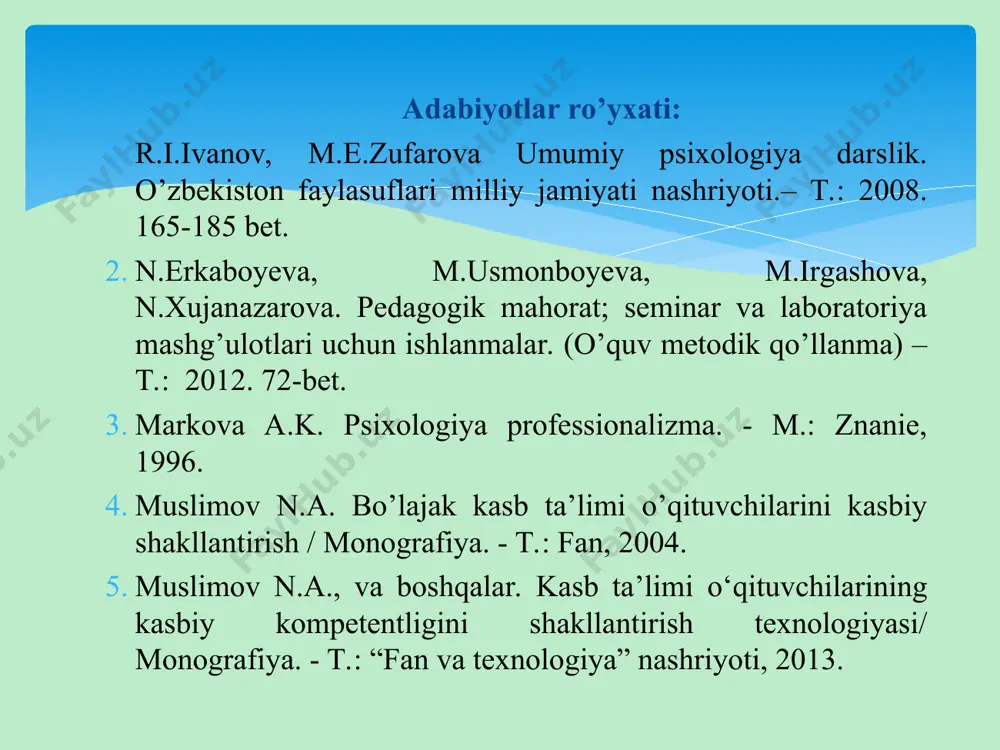 ik, -xayrat, -jahl bilan, -quvonch bilan, - xoxlamay, -g’urur bilan, -kinoya bilan, -befarqlik bilan, -istehzoli ohangda. mustaqil ta’lim topshirig’i: pedagogning kasbiy kompetentligining tuzilishi va mazmuni topshiriq: kasb odobining tarkibiy qismlariga nimalar kiradi? pedagogik faoliyatning axloqiy jihatlari nimalarni o’z ichiga oladi? “o’qituvchi odobi” kitobidagi o’qituvchi mahorati haqida aytilgan fikrlarni konspekt qilish. adabiyot: m.ochilov. n.m.ochilova “o’qituvchi odobi” toshkent o’qituvchi 1997 yil. uyga vazifa: kreativlik pedagogik ijodkorlikning asosi sifatida reja: 1. kreativ qobiliyat: tuzilishi va o’ziga xosliklari. 2. kreativ jarayon tuzilmasi. 3. kreativ kompetentlikni shakllantirish modellari. 4. kasbiy faoliyatda faol ijobiy motivatsiyani shakllantirish. 5. akmeogramma – pedagogik ijodkorlikni baholashning muhim vositasi. adabiyotlar ro’yxati: r.i.ivanov, m.e.zufarova umumiy psixologiya darslik. o’zbekiston faylasuflari milliy jamiyati nashriyoti.– t.: 2008. 165-185 bet. muslimov n.a., va boshqalar. kasb ta’limi o‘qituvchilarining kasbiy kompetentligini shakllantirish texnologiyasi/ monografiya. - t.: “fan va texnologiya” nashriyoti, 2013 barisheva t.a., jigalov yu.a. psixologo-pedagogicheskie osnovi razvitiya kreativnosti – spb.: spgutd, 2006. bashina t.f., ilin ye.p. psixologiya …