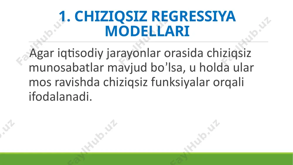 batan chiziqsiz regressiyalar funktsiyasi bilan ifodalanuvchi fillips egri chizig'ida a parametrning qiymati 0,00679 ga teng, bu ishsizlik darajasining o'sishi bilan ish haqining qo’shimcha o'sishi sur'ati nolga intilishini ko'rsatadi 2. omillarga nisbatan chiziqsiz regressiyalar giperbola: 3. baholanuvchi parametrlar bo'yicha chiziqsiz regressiyalar. so’ng ularni kabi belgilab olsak, tenglama: 3. baholanuvchi parametrlar bo'yicha chiziqsiz regressiyalar. so’ng ularni kabi belgilab olsak, tenglama: 3. baholanuvchi parametrlar bo'yicha chiziqsiz regressiyalar. tenglamani potentsiallash bilan quyidagi kelib chiqadi: 4. chiziqsiz regressiya uchun korrelyatsiya bu erda - y natijaviy belgining umumiy dispertsiyasi; – qoldiq dispersiya. 4. chiziqsiz regressiya uchun korrelyatsiya image1.png image2.png image3.png image4.png image5.png image6.png image7.png image8.png image9.png image10.png image11.png image12.png image13.png image14.png image15.png image16.png image17.png image18.png image19.png image20.png image21.png image22.png image23.png image24.png image25.png image26.png image27.png image28.png image29.png /docprops/thumbnail.jpeg