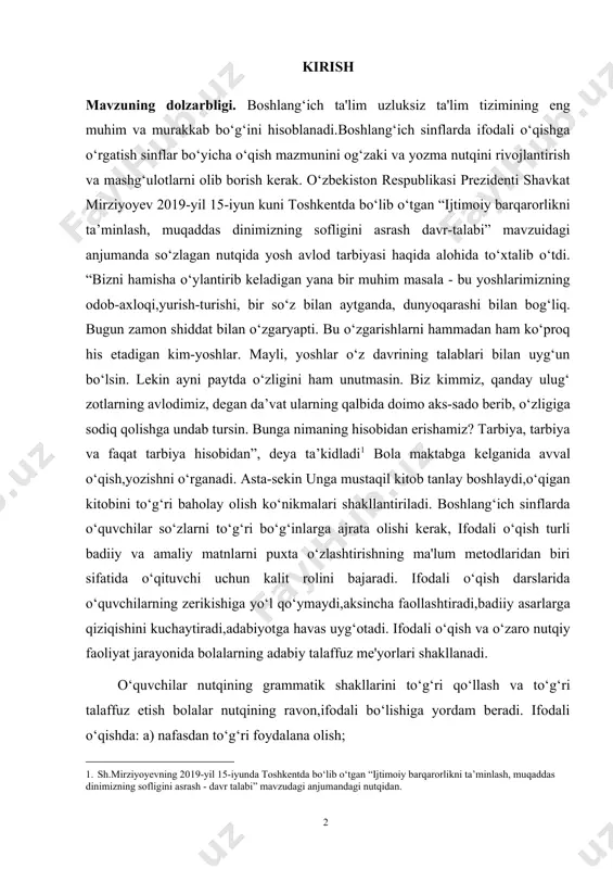 ref:1] bola maktabga kelganida avval o‘qish,yozishni o‘rganadi. asta-sekin unga mustaqil kitob tanlay boshlaydi,o‘qigan kitobini to‘g‘ri baholay olish ko‘nikmalari shakllantiriladi. boshlang‘ich sinflarda o‘quvchilar so‘zlarni to‘g‘ri bo‘g‘inlarga ajrata olishi kerak, ifodali o‘qish turli badiiy va amaliy matnlarni puxta o‘zlashtirishning ma'lum metodlaridan biri sifatida o‘qituvchi uchun kalit rolini bajaradi. ifodali o‘qish darslarida o‘quvchilarning zerikishiga yo‘l qo‘ymaydi,aksincha faollashtiradi,badiiy asarlarga qiziqishini kuchaytiradi,adabiyotga havas uyg‘otadi. ifodali o‘qish va o‘zaro nutqiy faoliyat jarayonida bolalarning adabiy talaffuz me'yorlari shakllanadi. [1: . sh.mirziyoyevning 2019-yil 15-iyunda toshkentda bo‘lib o‘tgan “ijtimoiy barqarorlikni ta’minlash, muqaddas dinimizning sofligini asrash - davr talabi” mavzudagi anjumandagi nutqidan.] o‘quvchilar nutqining grammatik shakllarini to‘g‘ri qo‘llash va to‘g‘ri talaffuz etish bolalar nutqining ravon,ifodali bo‘lishiga yordam beradi. ifodali o‘qishda: a) nafasdan to‘g‘ri foydalana olish; b)adabiy til talaffuz normalarini yaxshi bilish; c)so‘z,bo‘g‘in va tovushni to‘g‘ri,aniq talffuz etish; boshlang‘ich o‘quvchilarini ifodali o‘qitishda asosan shu 3 qoidaga amal qilishi kerak. boshlang‘ich sinflarda ifodali o‘qishga o‘rgatish har bir o‘quvchi so‘zlarni to‘g‘ri talaffuz qila …