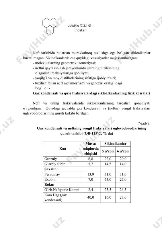 mchi- va uchlamchi nitrobirikmalar aralashmasi hosil bo`ladi. shu bilan bir vaqtda halqa uzilishi bilan ham bog`liq oksidlanish reaksiyalari ketib, ikki asosli kislotalar hosil bo`ladi. monosiklik hosilali sikloalkanlar oksidlash jarayonida yon zanjirlarini yo`qotadilar. siklogeksanni nitrolash reaksiyasi sanoat ahamiyatiga ega bo`lib, bunda siklogeksandan nitrosiklogeksan orqali kaprolaktan olish usuli amalga oshiriladi. siklogeksanni nitrolash reaksiyasi suyuq fazada yuqori bosimda taxminan 2000c haroratda va kontakt vaqti 7-8 soatda boradi. bug` fazada nitrolashda harorat 380-4000c gacha oshiriladi, nitrolash vaqti esa 1-2 soniyani tashkil qiladi. mononitrosiklogeksan salmog`i 60%, dikarbon kislotaniki 20% ni tashkil qiladi. kaprolaktamni siklogeksandan nitrozil xlorid yordamida fotonitrolash orqali olish usuli ishlab chiqilgan bo`lib, nitrozil sulfat kislota oraliq modda sifatida quyidagi reaksiyalar majmuasida hosil qilinadi. 2nh3 + 3o2 → n2o3 + 3h2o n2o3 + 2h2so4 → 2hnoso4 + h2o nitrozil sulfat kislota hnoso4 + hcl → nocl + h2so4 nitrozilxlorid h2so4 ( nso3 - oleum. oksidlash siklogeksan havo bilan suyuq fazada oksidlanganda 145-1700c haroratda, 0,8-1,2 …