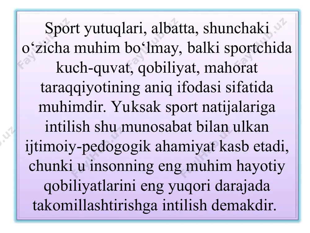 ndan ham ko‘proq davr mobaynida mashq qilish natijasida sport kamolotiga erishilmoqda. bugunga kelib sport ilmining rivojlanishi, sportda olib borilayotgan izlanishlar natijasida sportda ma’lum bir natijani qayd qilish uchin ketgan vaqtni nisbatan qisqartirmoqda. ammo unga teskari ravishda sportda raqobat ortib bormoqda. natijada sport bilan uzluksiz mashg‘u1 bo‘lmasdan turib natija ko‘rsatish ehtimoli ortmoqda. sport mashqi jarayonida uzluksizlik tamoyilining xususiy jihatlari bor. u quyidagilar bilan tavsiflanadi: — sportda mashq qilish jarayoni tanlangan sport turida butun yil bo‘yi yoki ko‘p yillar davomida sport natijasini qo‘lga kiritish maqsadida davom etadi; — navbatdagi mashg‘ulot o‘tgan mashg‘ulotning mantiqiy davomi bo‘lib, ilgari o‘tgan mashg‘ulotni qisman yoki to‘la takrorlaydi; — mashg‘ulotlar o‘rtasidagi dam olish oralig‘i sportchining ish qobiliyatini tiklash va o‘stirishni kafolatlaydigan darajada bo'lishini ko‘zda tutadi. ba’zan sportchi ish qobiliyati to‘la tiklanmay turib mashg'ulotlar otkazishga yo‘l qo‘yiladi. aksariyat hollarda ikkinchi va uchinchi ko‘rsatkichlar bahs va munozaralarga sabab bolib, lzoh talab qiladi. ikkinchi holatning ma’nosi shuki, bunda mashg‘ulotlar orasidagi intervallar …