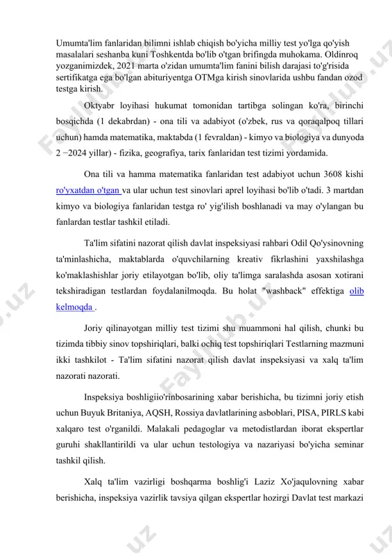 malakali pedagoglar va metodistlardan iborat ekspertlar guruhi shakllantirildi va ular uchun testologiya va nazariyasi bo'yicha seminar tashkil qilish. xalq ta'lim vazirligi boshqarma boshlig'i laziz xo'jaqulovning xabar berishicha, inspeksiya vazirlik tavsiya qilgan ekspertlar hozirgi davlat test markazi binosida milliy tizim uchun test topshiriqlarini shakllantirmoqdalar. davlat test markazi, o'z nazorati, testning tashkiliy masalalari va asosiy ta'minlash ustida ishlamoqda. davlat test markazi direktori o'rinbosari sardor rajabovga ko'ra, davlat test markazi saytida milliy test tizimi uchun testlar spetsifikatsiyalari e'lon qilingan. 3 mart kuni dtm sayti ona tili va adabiyot hamda matematika fanlaridan test namunalari tahlillari bilan e'lon qilish. laziz xo'jaqulovning ta' mukofoticha, umumta'lim fanlaridan milliy test tizimida qatnashgan abituriyentlarda yozgi otmlarga kirish imtihonlarida qatnashish uchun ham qoladi. sertifikat uch yilga beriladi va abituriyentlar uni keyingi yillarda ham belgilashi mumkin. otmlarga kirish imtihonida abituriyentga tegishli fandan sertifikatdagi ballarga qarab maksimal ballga nisbatan proporsional ballar beriladi. matbuot anjumani ishtirokchilari "gazeta.uz" muxbirining savollariga javob berdi. gazetauz: milliy …