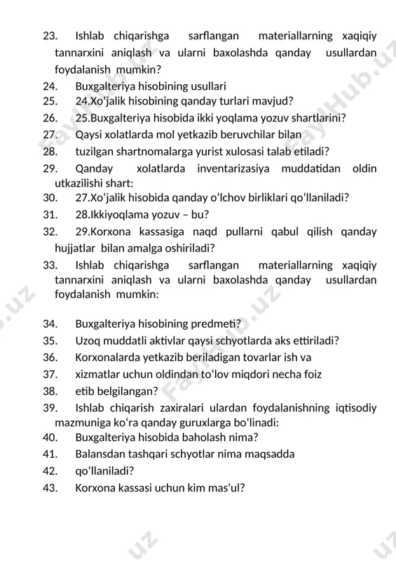 si schyotlarda aks ettiriladi? 36. korxonalarda yetkazib beriladigan tovarlar ish va 37. xizmatlar uchun oldindan to‘lov miqdori necha foiz 38. etib belgilangan? 39. ishlab chiqarish zaxiralari ulardan foydalanishning iqtisodiy mazmuniga koʻra qanday guruxlarga boʻlinadi: 40. buxgalteriya hisobida baholash nima? 41. balansdan tashqari schyotlar nima maqsadda 42. qo‘llaniladi? 43. korxona kassasi uchun kim mas'ul? 44. buxgalteriya hisobining subyektlari va obyektlari 45. buxgalteriya hisobi ob’ektlarini? 46. asosiy xo‘jalik jarayonlari tarkibiga qanday jarayonlar 47. kiradi? 48. kassadan dividеnd bеrilganda qanday buxgaltеriya 49. provodkasi bеriladi 50. turli debitorlar qarzlarini hisobga oluvchi schyotlar 51. operativ hisob nima maqsadda qo‘llaniladi? 52. ta’minot jarayonining asosiy maqsadi? 53. valyuta schyotida xorijiy valyutani sotish va sotib olish 54. buxgaltеriya hisobida qanday qiymatda hisobga olinadi? 55. uzoq muddatli debitorlik qarzlari va kechiktirilgan xarajatlarni hisobga oluvchi schyotlar 56. o’zbеkiston rеspublikasining «buxgaltеriya hisobi to’g’risidagi» qonuni ilk bor qachon qabul qilingan? 57. buxgalteriya hujjatlari tuzilish joyiga qarab qanday 58. tasniflanadi? 59. 19 sonli …