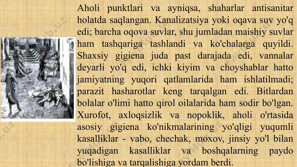 iy xabardor qilish to'g'risida bir qator farmonlar chiqarilgan. ("gubernator va hokimlarga buyruq", 1743). 1786 yilda dengiz shifokori a. bakheraxning harbiy gigienasi bo'yicha birinchi rus qo'llanmasi (1724 - 1806) paydo bo'ldi. bu qo'llanmada harbiy xizmatchilarning yashash sharoitlariga qo'yiladigan asosiy talablar shakllantirilgan: "... yaxshi tinchlik, yaxshi ovqat, toza va quruq havo, etarlicha kiyim, mutanosib harakat va tana quvvati uchun ishlash, tungi dam olish, mastlikdan qutulish. bunday tartib shoshilinch bo'lishi kerak. boshida tirishqoq va tinimsiz ". 1797 yilda shifokorlarga oziq -ovqat mahsulotlarining yaxshi sifati, kazarmalar holati va qo'shinlarning umumiy sanitariya holati bo'yicha tibbiy va politsiya nazorati ishonib topshirilgan. buyuk rus qo'mondoni a.v.suvorov armiyada gigienik masalalarga katta e'tibor bergan. "g'alaba ilmi" kitobida sanab o'tilgan 7 g'alaba shartidan uchtasi askarning sog'lig'i bilan bog'liq (tozalik, sog'lik, tartib). "sog'lom odamlarning sog'lig'iga rioya qilish uchun har kuni g'amxo'rlik qilish", - dedi u qo'l ostidagilarga. 1813 yilda tibbiyot doktori, tibbiyot xirurgiyasi i. enegolm tomonidan yozilgan "harbiy gigiena bo'yicha cho'ntak …