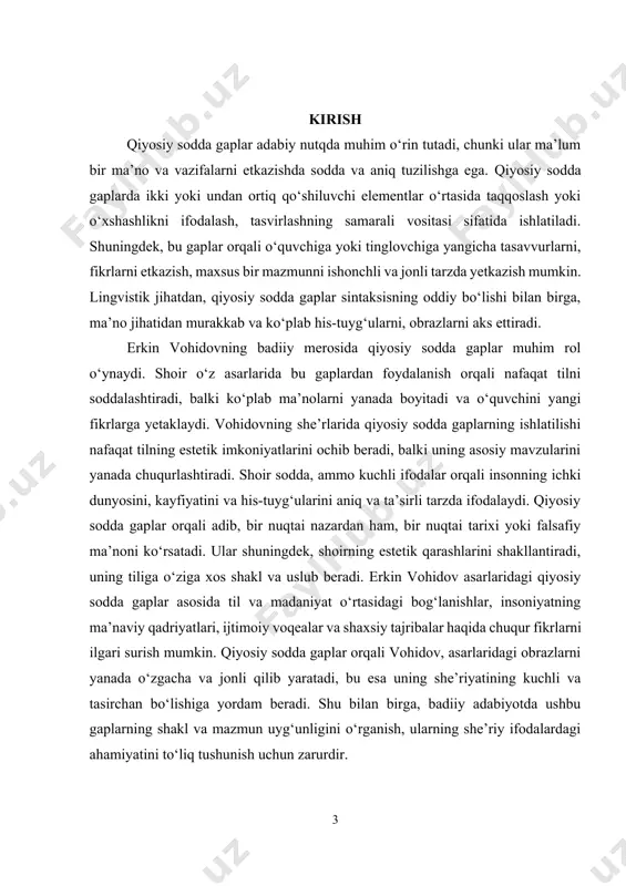 vositalariga qanday ta’sir qilishini ko‘rsatishdir. erkin vohidovning she’riyatidagi qiyosiy sodda gaplarning stilistik imkoniyatlari, ularning obraz yaratishdagi roli va poetik vazifalari chuqur tahlil qilinadi. shu bilan birga, asarlarida sodda gaplarning ko‘plab noaniq va zamonaviy voqealar, insoniyatning ichki va tashqi dunyosidagi tasavvurlarni qanday ifodalashdagi ahamiyati o‘rganiladi. buning orqali, adabiy til va she’riyatda qiyosiy sodda gaplarning estetik va ma’naviy qiymati ochib beriladi. kurs ishining o‘rganilganlik darajasi. erkin vohidovning asarlarida qiyosiy sodda gaplarning shakl va mazmuni haqida olib borilgan tadqiqotlar va izlanishlar adabiyotshunoslikda katta ahamiyatga ega. ushbu sohada ko‘plab olimlar va adabiyotshunoslar ilmiy izlanishlar olib borgan. erkin vohidovning she’riyatida sodda gaplar o‘ziga xos poetik va estetik kuchga ega bo‘lib, ular shoirning fikrini aniq va samarali ifodalashda muhim rol o‘ynaydi. qiyosiy sodda gaplarning shakli va mazmunidagi uyg‘unlik shoirning tilini yanada boyitgan va uning asarlarida yangi poetik shakllar yaratishda yordam bergan. erkin vohidovning til va uslubiga oid dastlabki izlanishlarni olib borgan olimlardan biri rauf parfi bo‘lib, …
