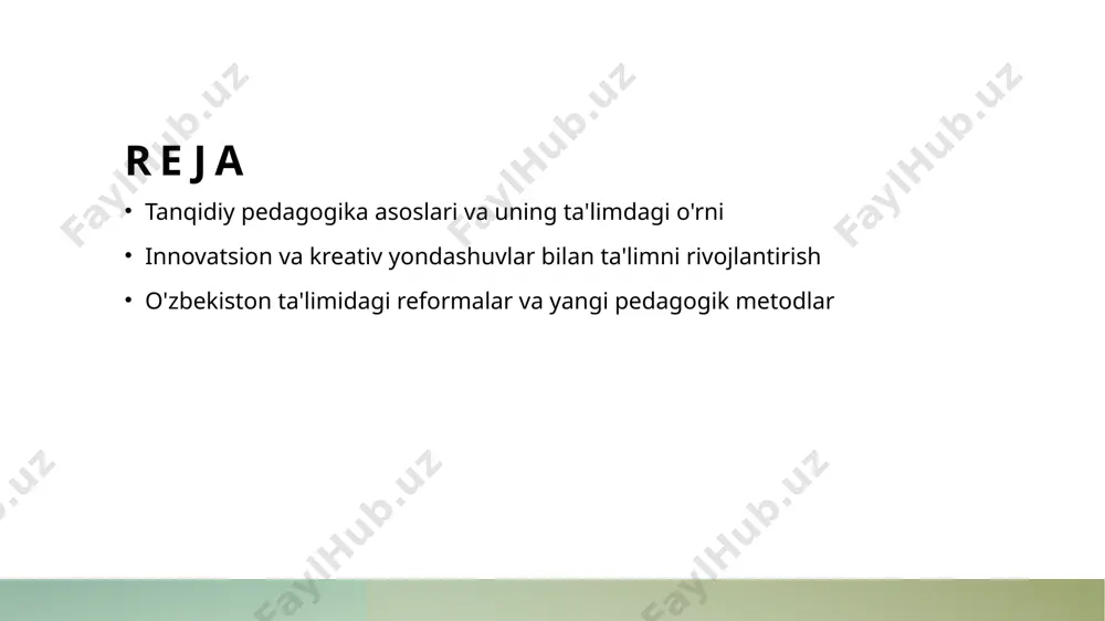 i yangilashga turtki bo'lmoqda. 2 sifatga ta'sir tanqidiy pedagogikaga intilish, ta'lim sifatini oshiradi, o'quvchilarning fikrlash va muammo yechish qobiliyatlarini rivojlantirishga yordam beradi. 3 rivojlanish imkoniyatlari bu intilish, o'qituvchilarga innovatsion metodlarni o'zlashtirish va pedagogik jihatdan professional rivojlanish imkoniyatlarini kengaytiradi. talabalarda tanqidiy fikrlashni shakllantirishning usullari va amaliyotlari 1 ijodiy savol va muhokama talabalarga muammo asosida savollar berish va muhokamalar orqali fikrlash qobiliyatini rivojlantirish, o'z fikrlarini asoslashga yordam beradi. 2 metodik yondashuvlar kross-funksional guruhlar, loyiha ishlari va tahliliy testlar kabi amaliy metodlar tanqidiy fikrlashni shakllantirishda samarali bo'ladi. 3 tajriba va baholash talabalarning fikrlash jarayonlarini kuzatish, baholash va fikr-mulohazalar berish orqali ularning tanqidiy fikrlash ko'nikmalari mustahkamlanadi. ta'limda tanqidiy pedagogikaning tarixiy rivojlanishi va zamonaviy tendensiyalar tarixiy asoslar zamonaviy tendensiyalar o‘zgarishlar va rivojlanish tanqidiy pedagogikaning tarixi 20-asrda boshlanib, pedagogik harakatlar va ijtimoiy o‘zgarishlar bilan rivojlandi. bu yondashuv o‘quv jarayonining faol va kritikal bo‘lishini ta'minladi. hozirgi kunda tanqidiy pedagogika texnologiyalar, interfaol metodlar va kreativ yondashuvlar bilan uyg‘unlashib, …