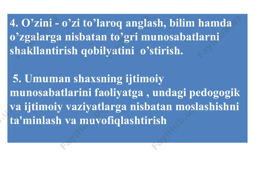 ar tashkil etishda ham jinsiy o’ziga xosliklar inobatga olinishi yoki o’yinchilarni maksimal tarzda faollik ko’rsatishlari maqsadida guruxlararo jinsiy bo’linishlarni ham hisobga olish darkor. trening 3 qismdan tashkil topgan bo’lib quydagilardan iboratdir. 1. psixofiziologik kontakt o’rnatish 2. psixologik kontakt 3. psixodrama treningning asosiy ustanovkasi. a) erkin his qiladi; b) o’z imkoniyati va iqtidori haqida to’g’ri tasavvurga ega bo’ladi; v) tafakkurning alternativ-muqobil bo’lishini to’liq anglaydi; g) har bir shaxsning ichki "men" dasturi mukammalashib boradi; d) o’z fikr va qarashlarining, xulq-atvorining asl sabablarini anglash, individuap ehtiyojlar tabiatini tushunish imkoniyati tug’iladi psixoanaliz ta’limoti bo’yicha insonning asosiy extiyoji - bu seksual (shaxvoniy) extiyojlardir. jamiyat axlok normalarining bu extiyojlarga qarama-qarshiligi natijasida inson shaxsida turli xil ruxiy kamchiliklar paydo bo’ladi, deb xisoblaydi. z.freydning fikricha, bu jarayon ongsiz xolda kechadi, ya’ni odam o’zida bu narsalar kechayotganligini anglab yetmaydi. insonning xar bir xatti-xarakati « u», «men», «mening menligim» lar urtaidagi konfliktlar (ziddiyatlar) natijasi deb taxmin qilinadi. «u» - biologik …