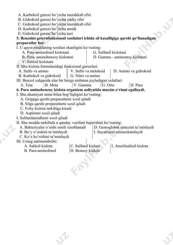 ishlatiladigan dorivor moddalar ichida sulfadimetoksin degan dori bor. i. u qaysi moddaning xosilasi ekanligini kо‘rsating: a. para-aminofenol kislotani b. para- aminobenzoy kislotani v. salitsil kislotani g. sulfanil kislotani d. gamma - aminomoy kislotani ii. shu kislota formulasidagi funksional guruxlari: a. karboksil va gidroksid b. sulfo va amino v. sulfo va metoksid g. nitro va amino d. amino va gidroksid iii. bakteritsid xossasini ta’minlovchi guruxi: a. karboksil b. gidroksid v. metoksid g. sulfamid d. etoksid 4. tibbiyotda issitma tushiruvchi va og‘riq qoldiruvchi vosita sifatida aspirin degan dori ishlatiladi. i. u qaysi moddaning xosilasi ekanligini kо‘rsating: a. para-aminofenol kislotani b. para- aminobenzoy kislotani v. salitsil kislotani g. sulfanil kislotani d. gamma - aminomoy kislotani ii. shu kislota formulasidagi funksional guruxlari: a. karboksil va gidroksid b. sulfo va amino v. sulfo va metoksid g. nitro va amino d. amino va gidroksid iii. aspirin shu guruxlardan kaysi birining va qanday xosilasiligini kо‘rsating: a. karboksil …