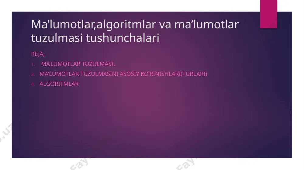 tek(stak):elementlar fifo(last in,first out)tartibida saqlanadi.oxirgi kiritilgan element birinchi chiqadi. daraxt(tree):ierarxik tuzulma bo’lib ,elementlar tugunlar(nodes)orqali bog’langan.masalan,ikkilik daraxt(binary tree). graf(graph):tugun va ular orasidagi bog’lanishlardan iborat tuzulma.ijtimoiy tarmoqlar yoki yo’l xaritalarida qo’llaniladi. xash jadvali(hash table):ma’lumotlarga tezkor kirishni ta’minlash uchun xesh funksiyadan foydalandi.bu kalit qiymat juftlarini saqlash uchun ishlatiladi. ma’lumotlar tuzulmasining afzaliklari; samaradorlik:ma’lumotlarga tez va samarali kirish imkonini beradi. tartib:ma’lumotlarni lozim bo’lganda tartibda saqlash imkoniyatini beradi. moslashuvchanlik:har xil turdagi muammolar uchun turli xil tuzulmalarni qo’llash mumkin,bu esa kodni takrorlamaslikka yordam beradi. algoritm-ma’lum bir qonuniyatga asoslangan buyruqlar ketma ketligi. algoritm samaradorligi quyidagicha : ishlash vaqti; xotiradan egallaydigan joyi; operatsiyalar soni; quyidagi ta’moyillarga asoslanadi. algoritm - bu muammoni hal qilish uchun aniq ketma-ketlikda berilgan ko'rsatmalar to'plami. algoritmni huddi ovqat pishirish uchun berilgan reseptga o'xshatish mumkin. yaxshi algoritmning belgilari: kirish (muammo) va chiqish (yechim) aniq berilgan bo'lishi kerak. algoritmning har bir bosqichi aniq va ravshan bo'lishi kerak. algoritm muammoni hal qilishning turli usullari orasida eng samaralisi bo'lishi …